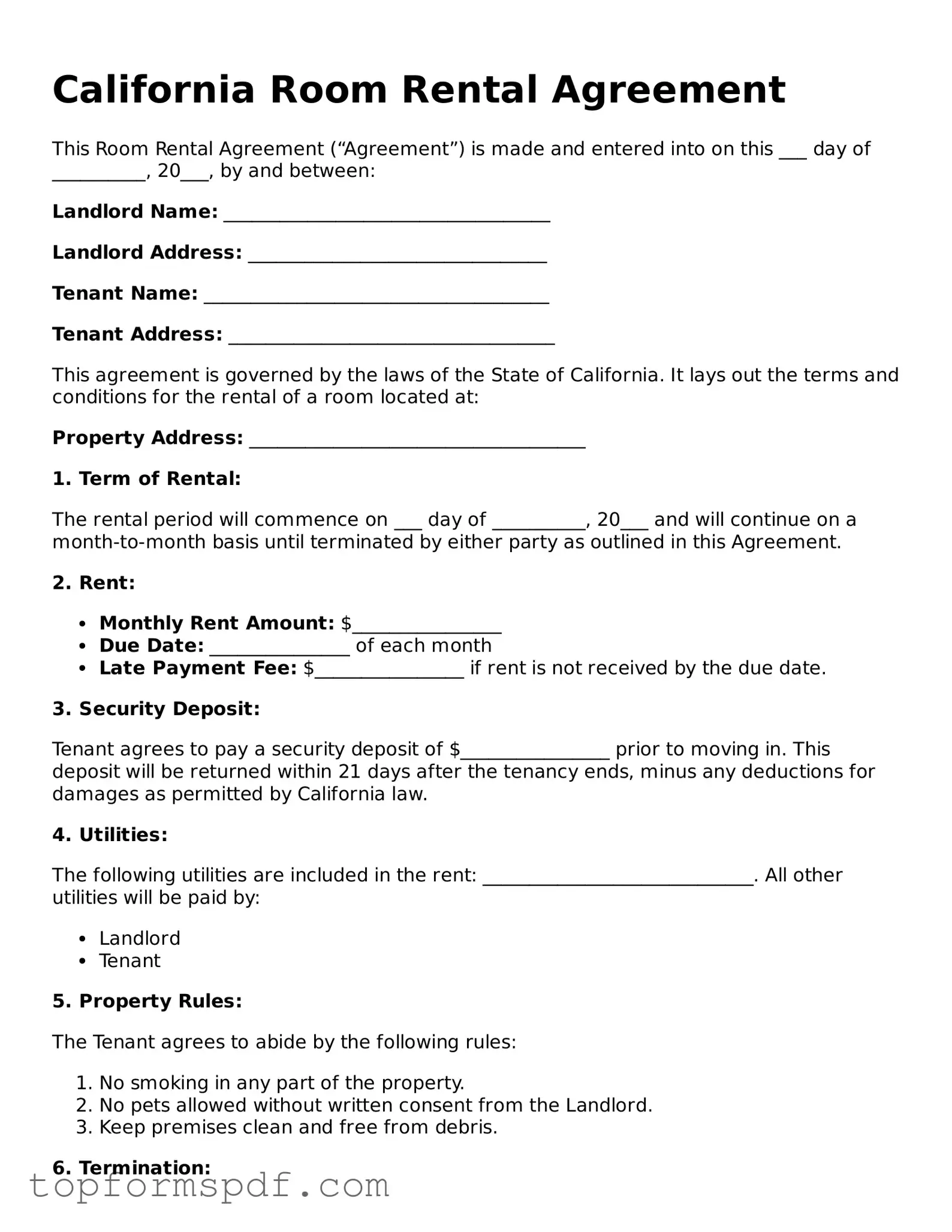 Blank California Room Rental Agreement Template