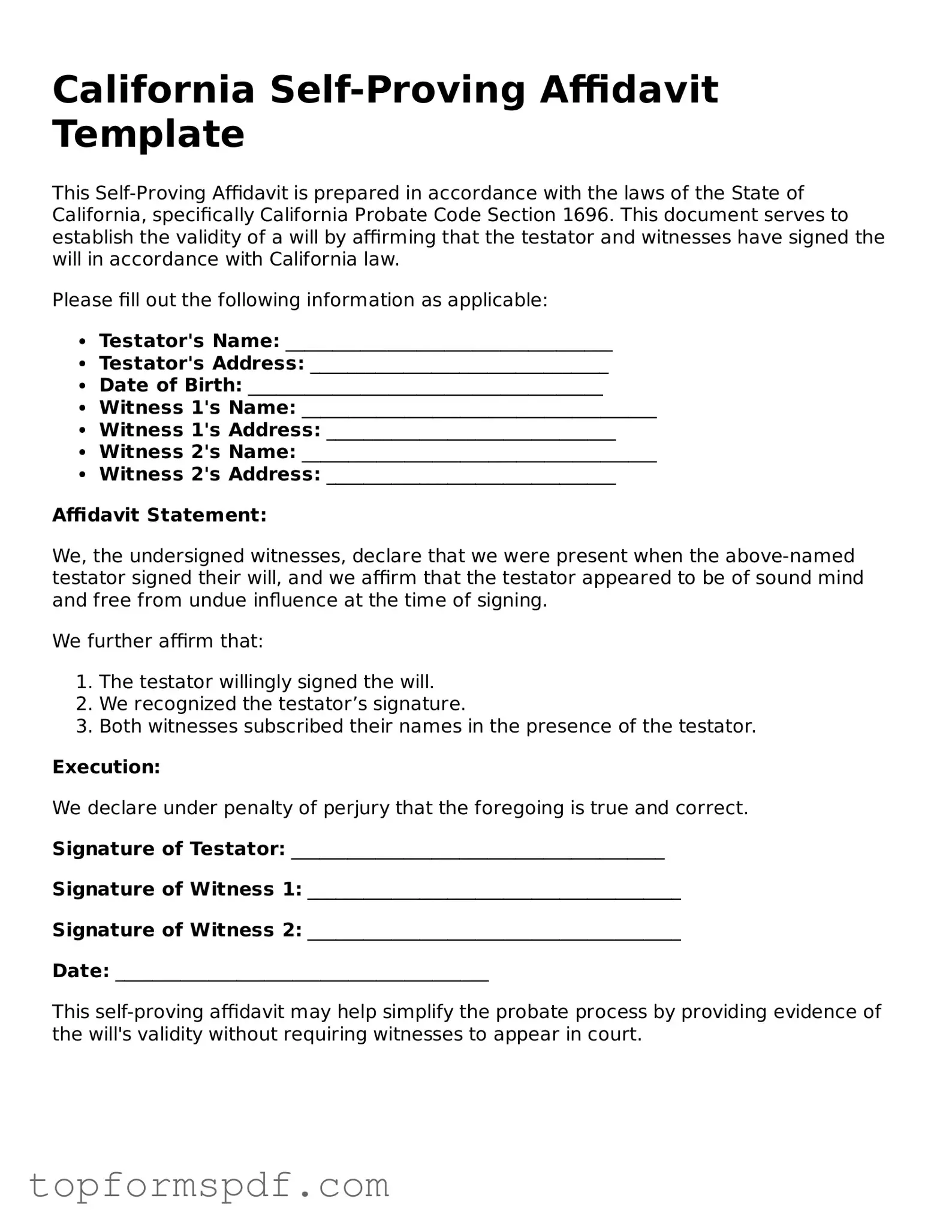 Blank California Self-Proving Affidavit Template