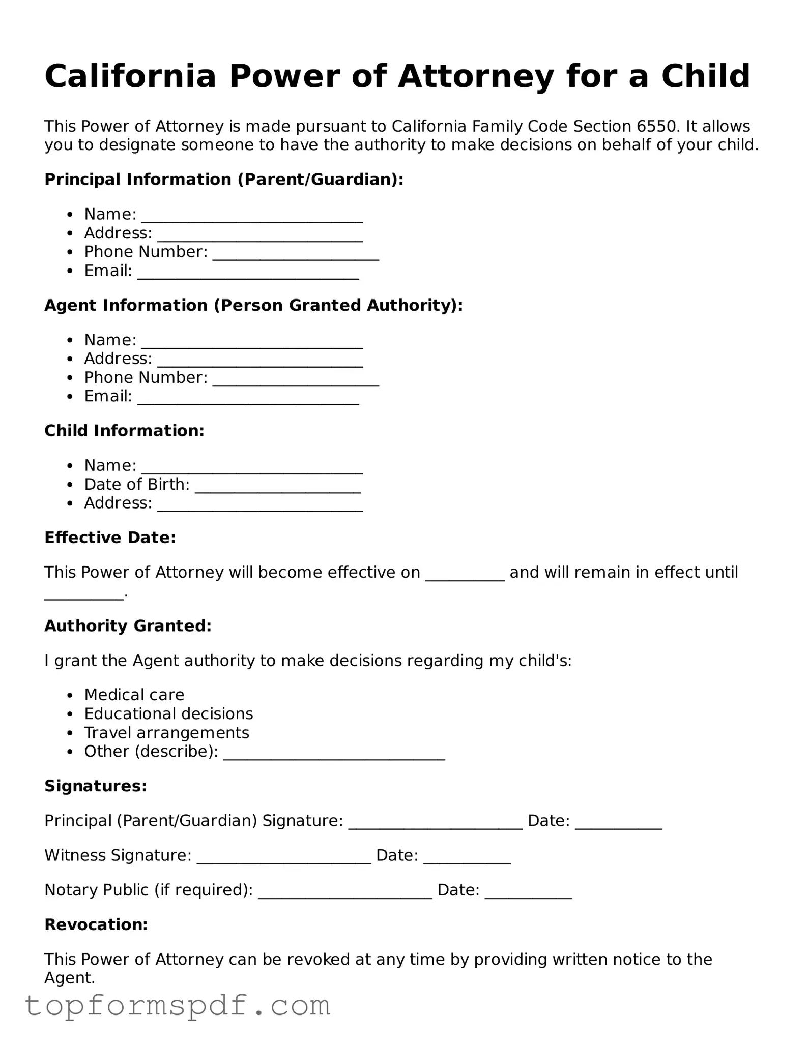 Blank California Power of Attorney for a Child Template