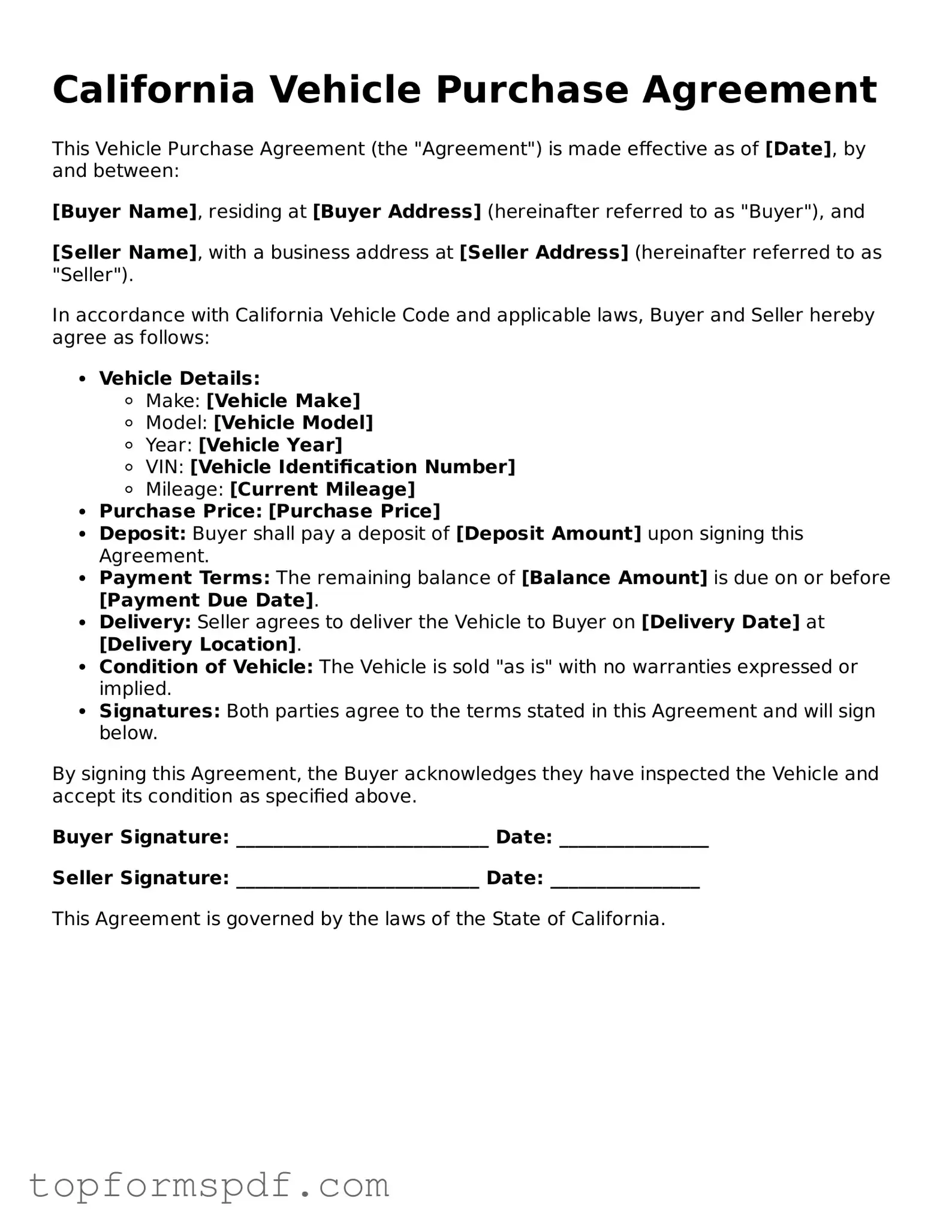 Blank California Vehicle Purchase Agreement Template