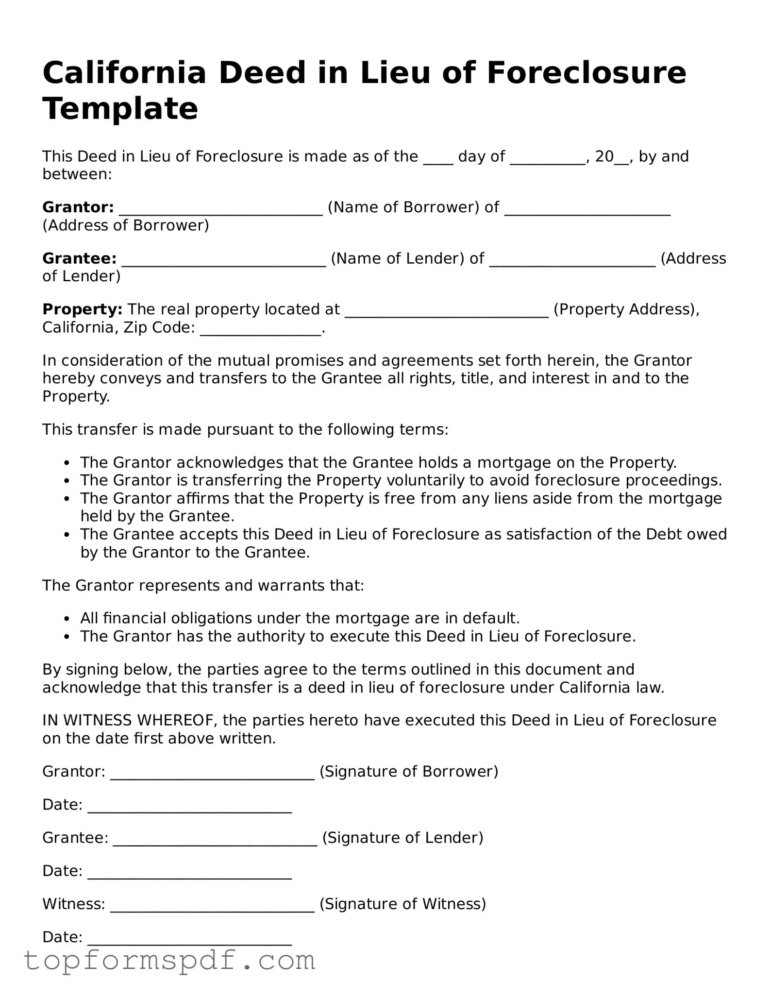 Blank California Deed in Lieu of Foreclosure Template