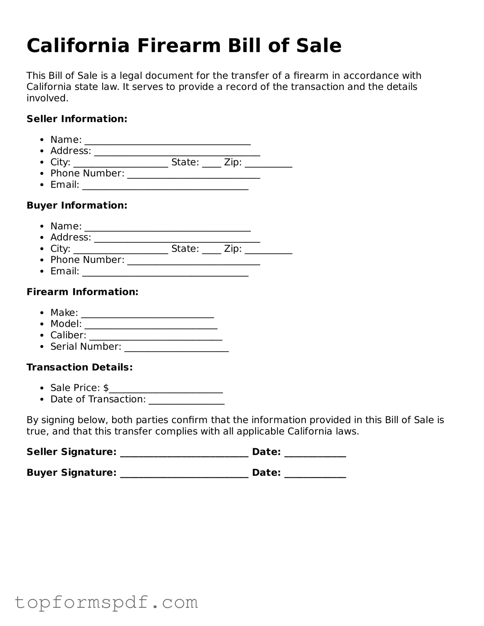 Blank California Firearm Bill of Sale Template