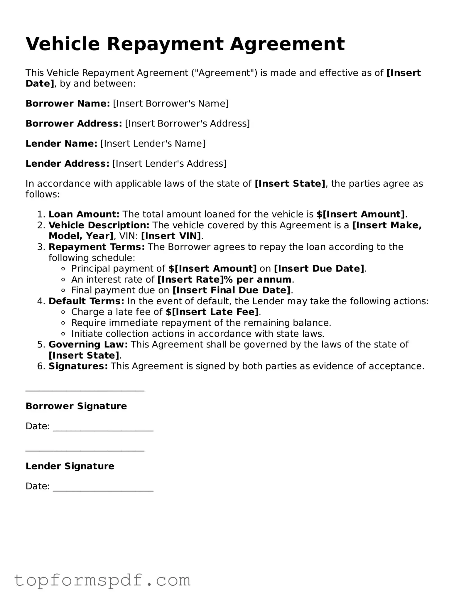 Legal Vehicle Repayment Agreement Form