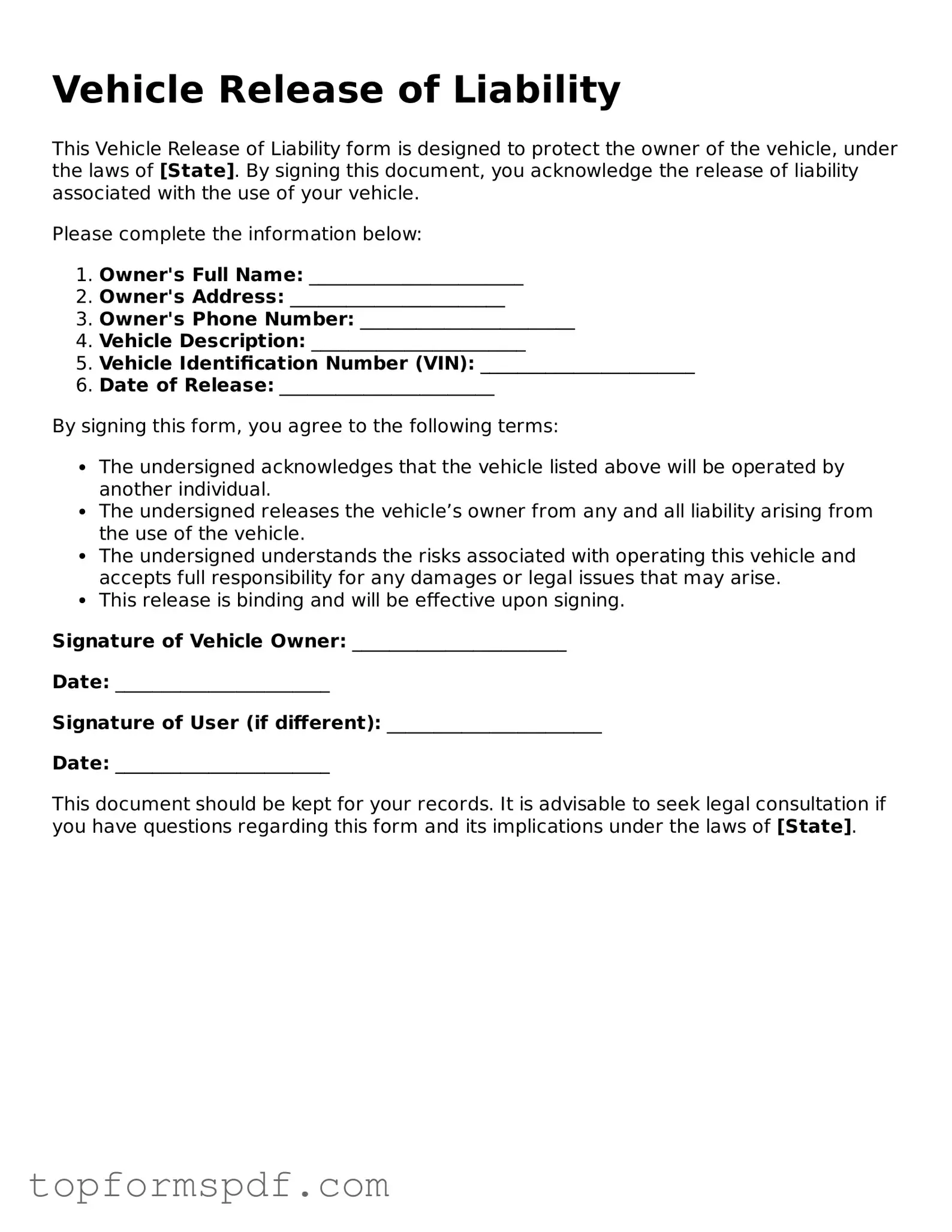 Legal Vehicle Release of Liability Form