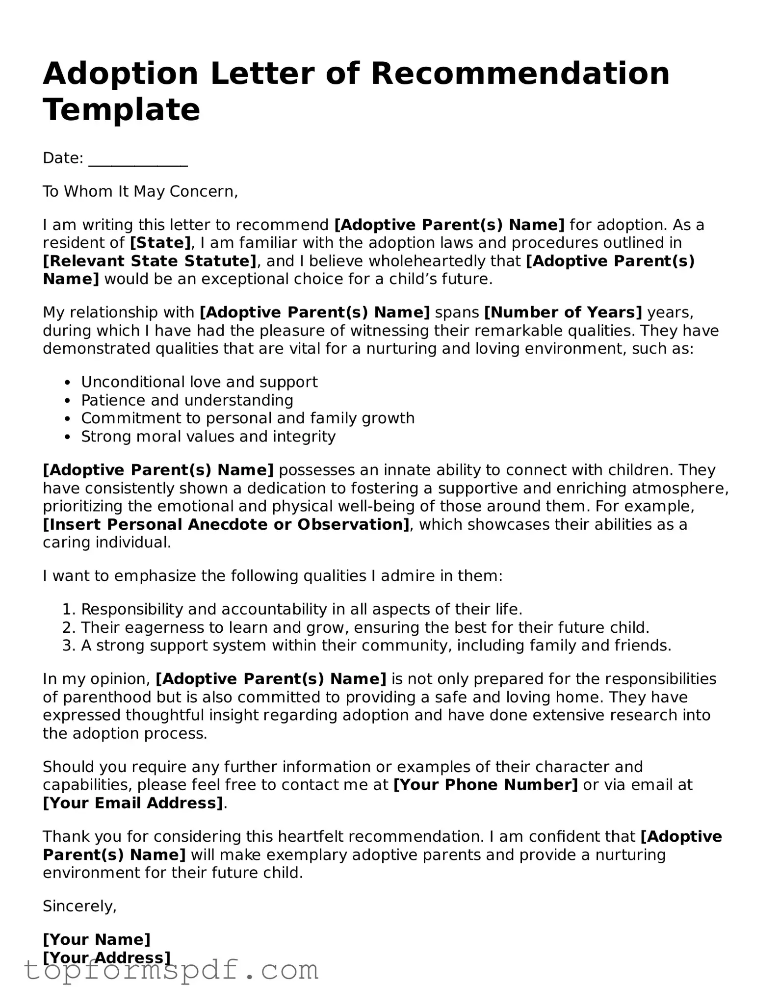 Legal Adoption Letter of Recommendation Form