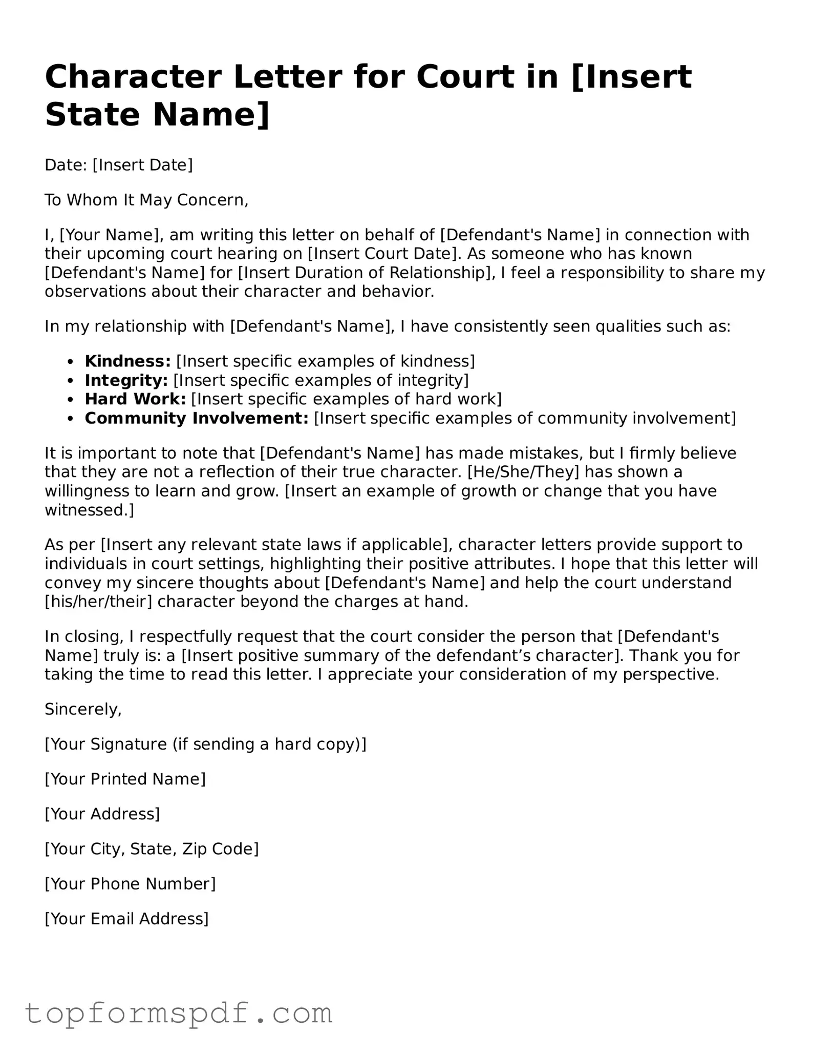 Legal Character Letter for Court Form