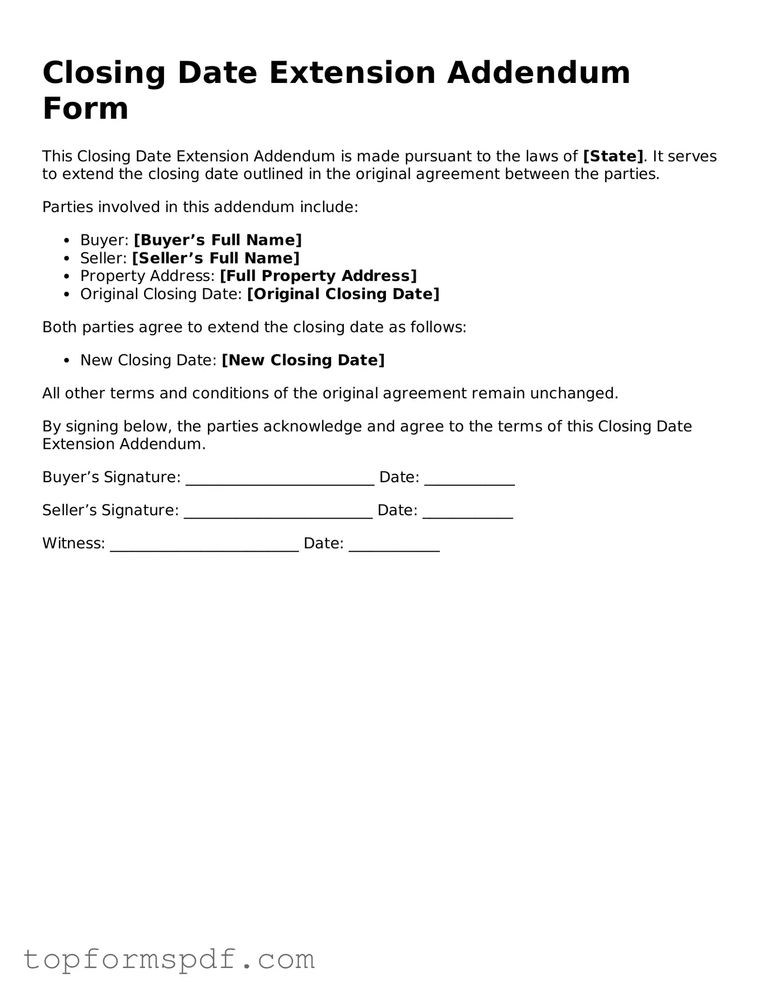Legal Closing Date Extension Addendum Form Form