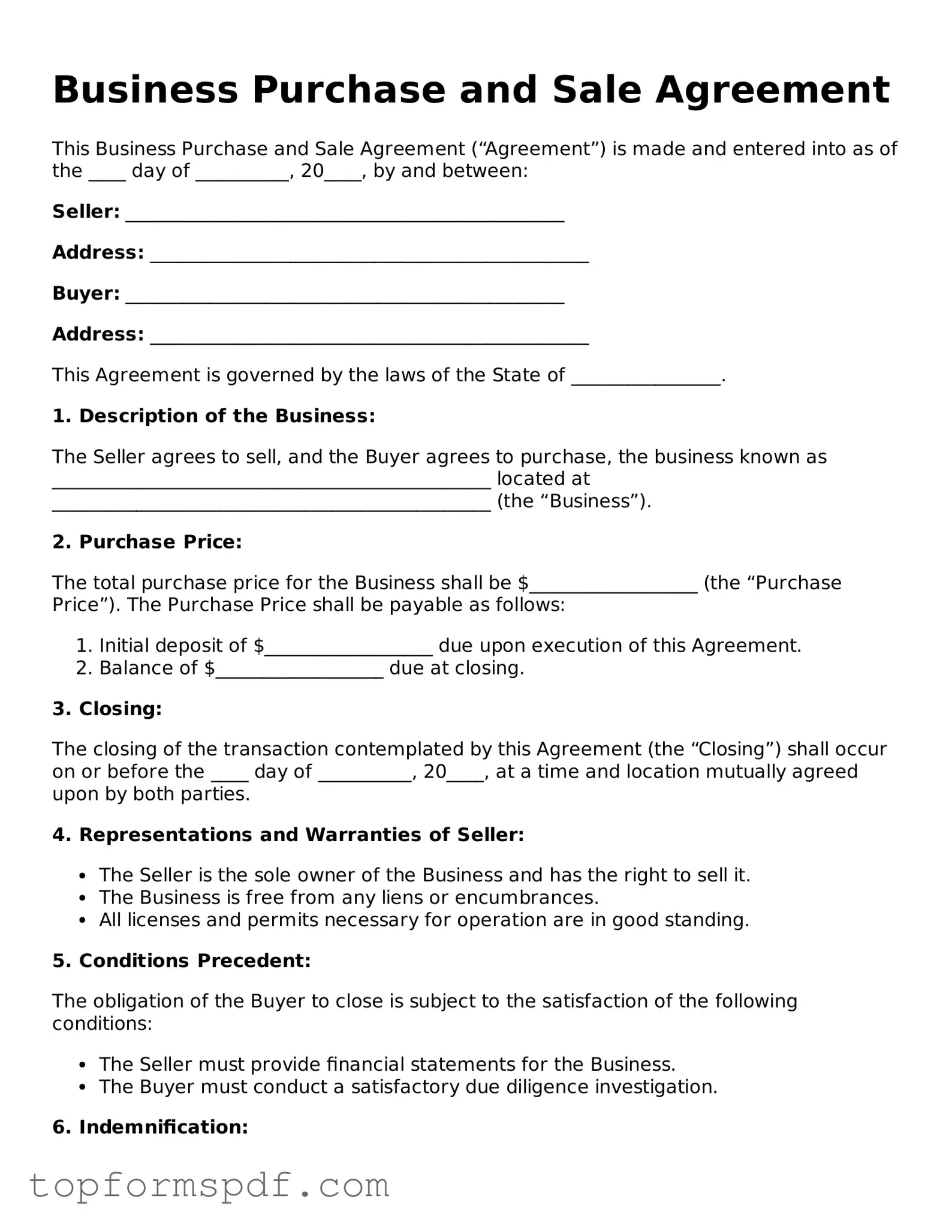 Legal Business Purchase and Sale Agreement Form