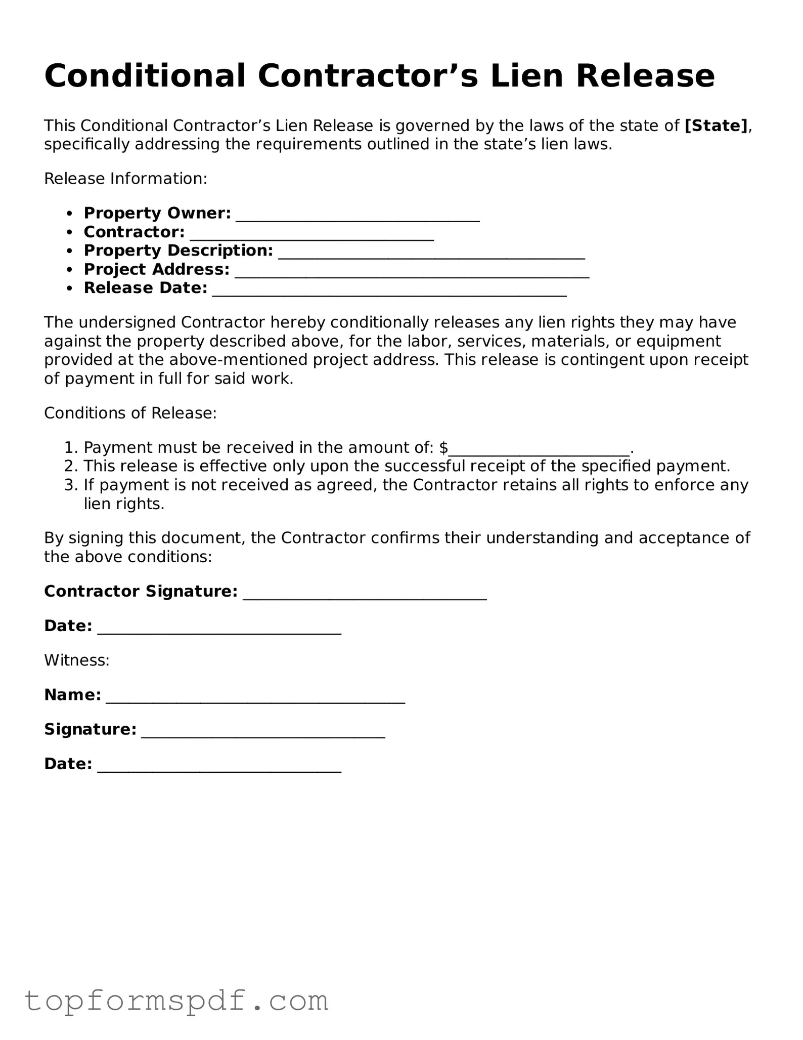 Legal Conditional Contractor’s Lien Release Form