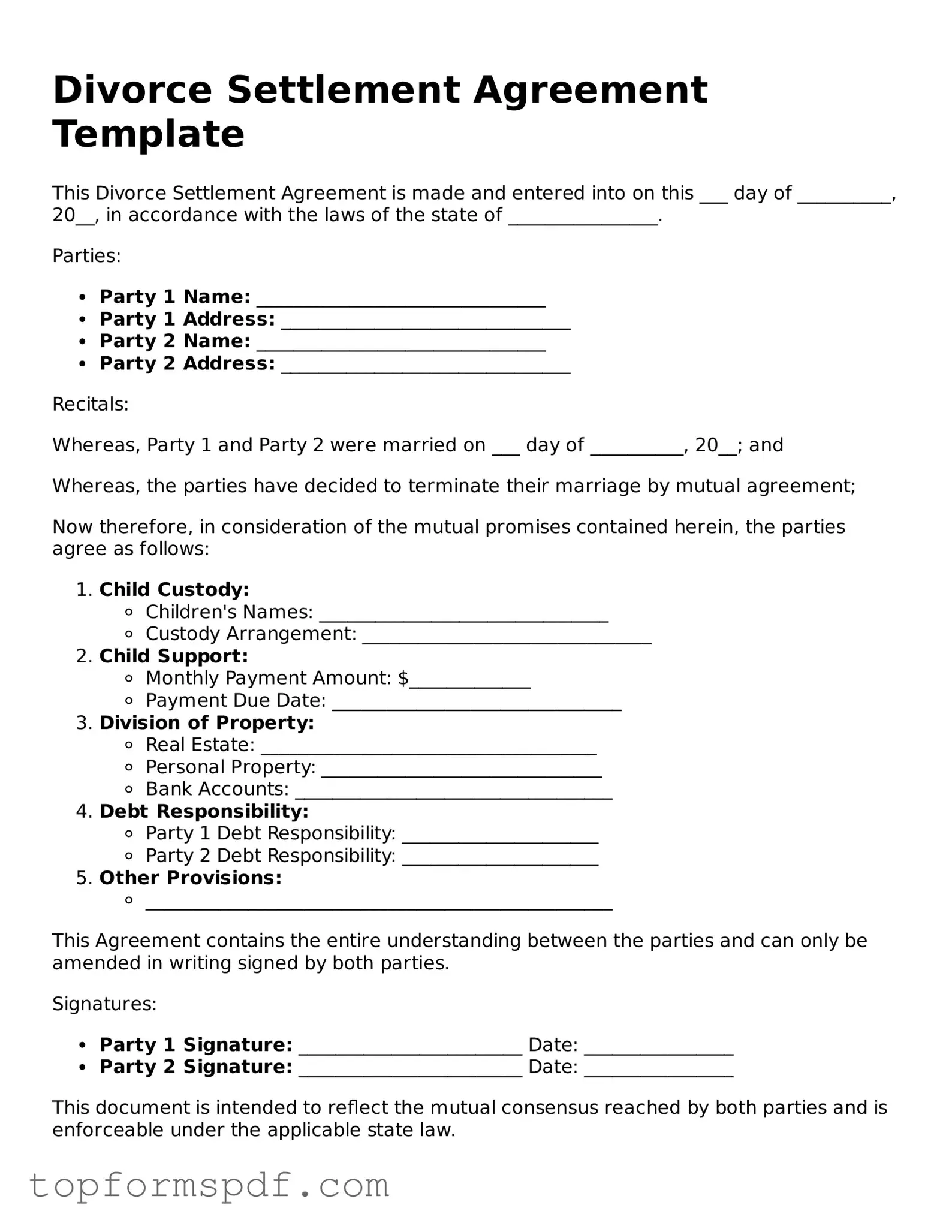 Legal Divorce Settlement Agreement Form