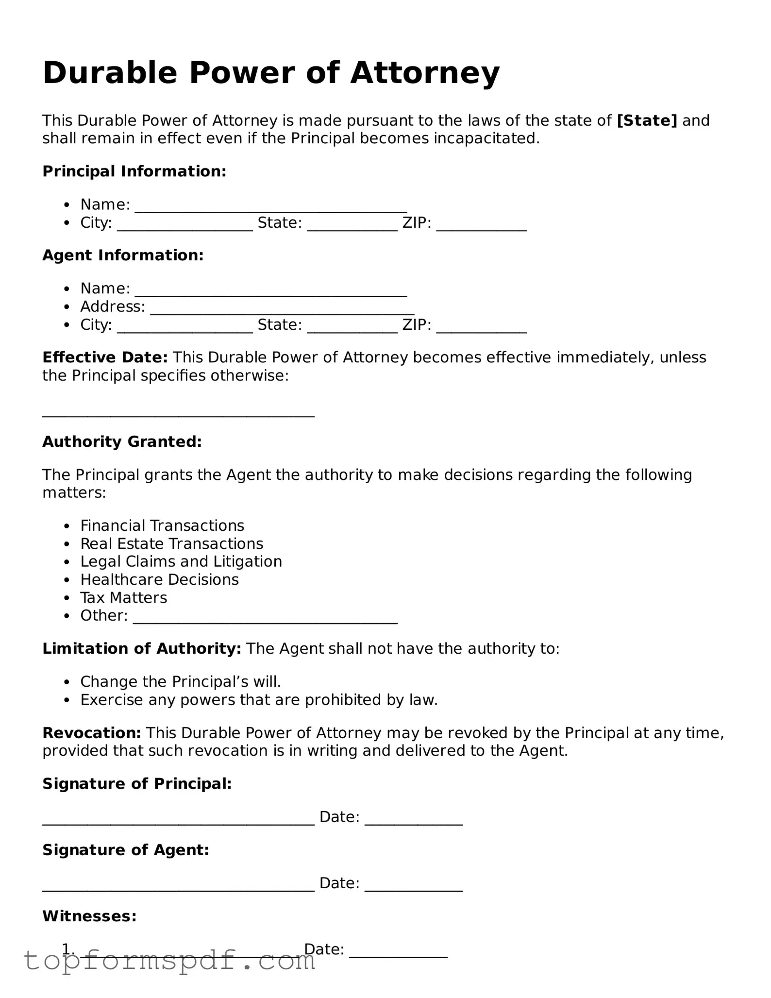 Legal Durable Power of Attorney Form