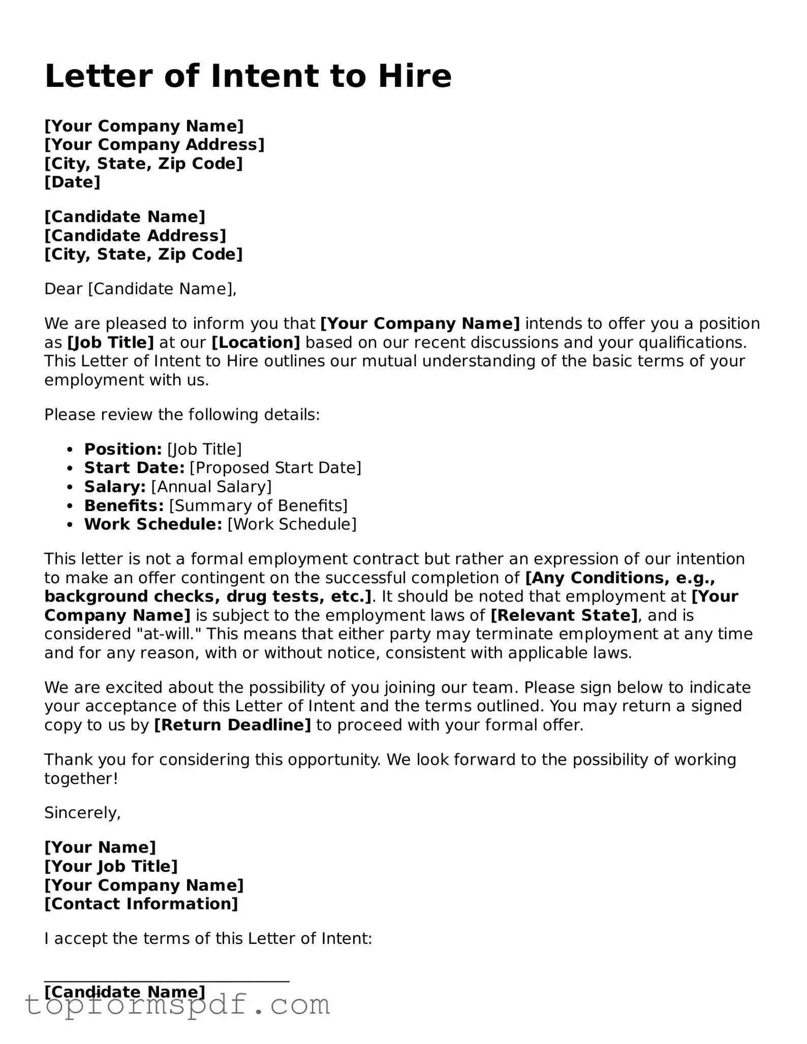 Legal Letter of Intent to Hire Form