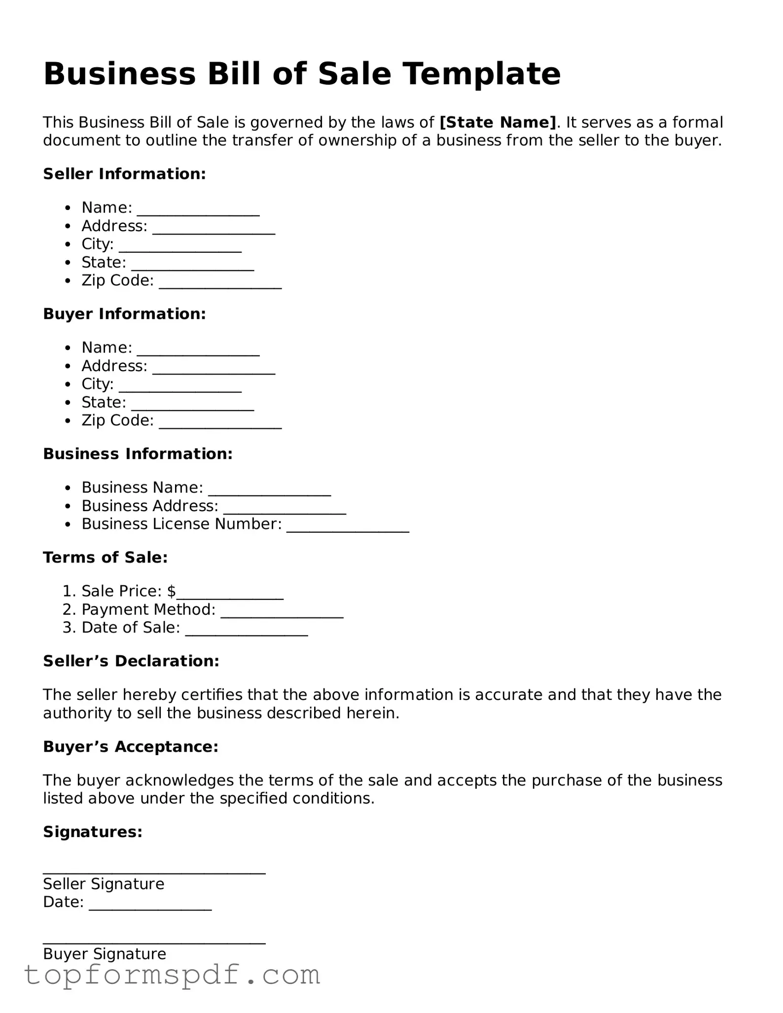 Legal Business Bill of Sale Form