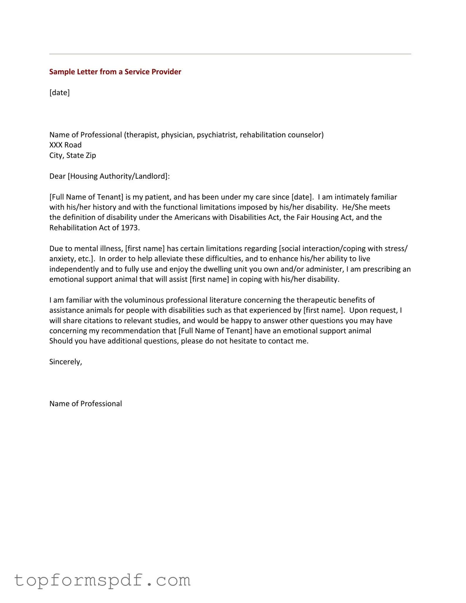 Emotional Support Animal Letter Template