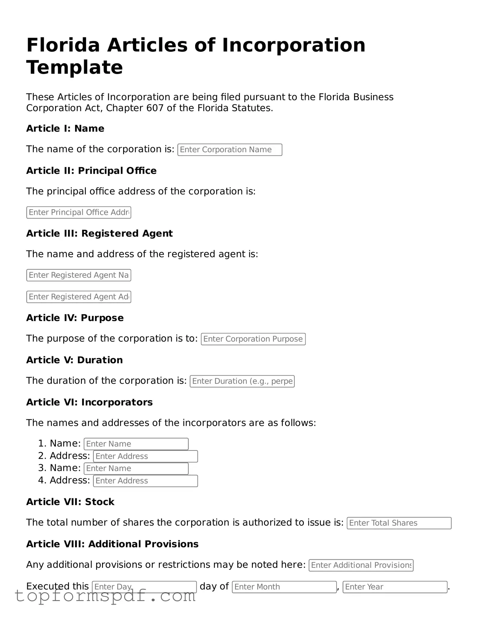 Blank Florida Articles of Incorporation Template