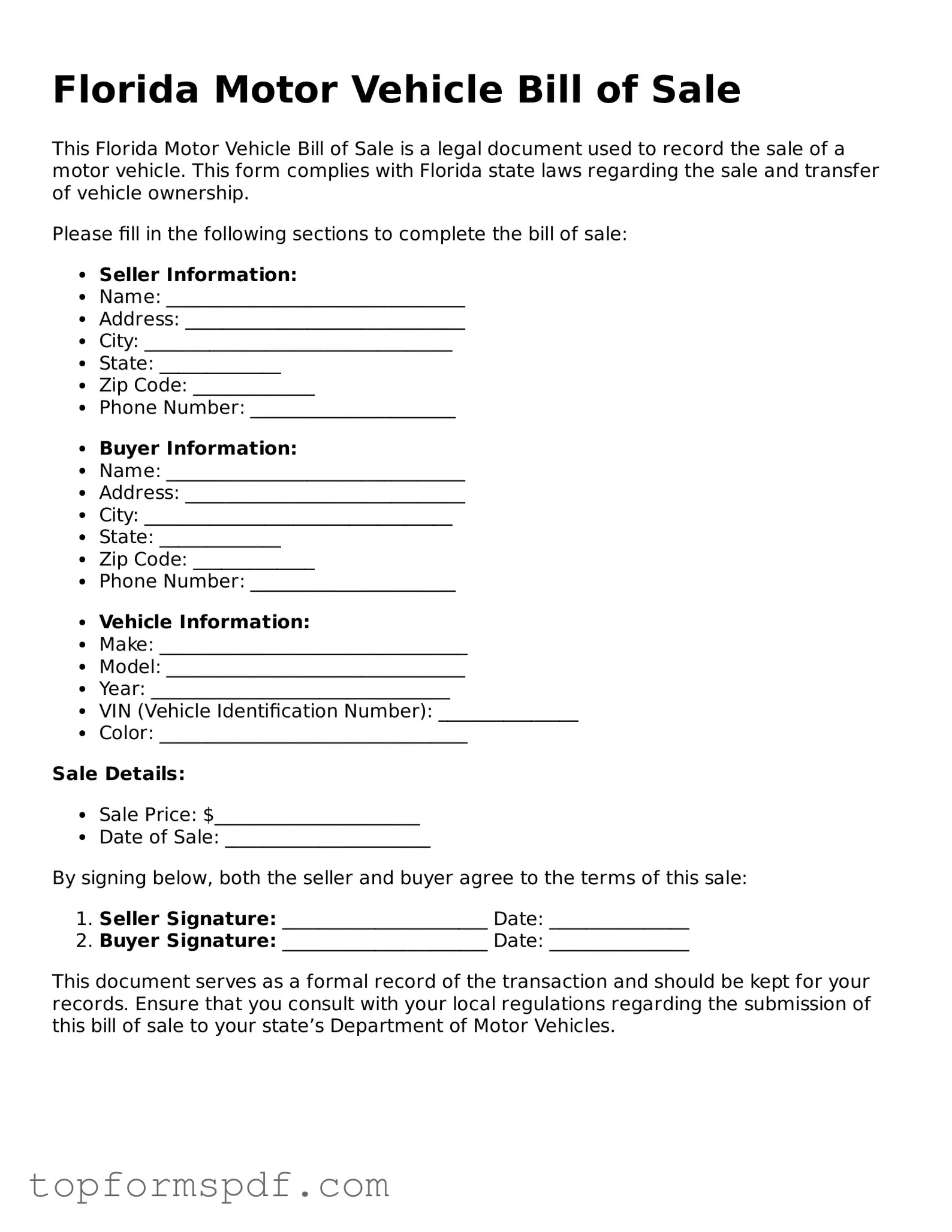 Blank Florida Motor Vehicle Bill of Sale Template