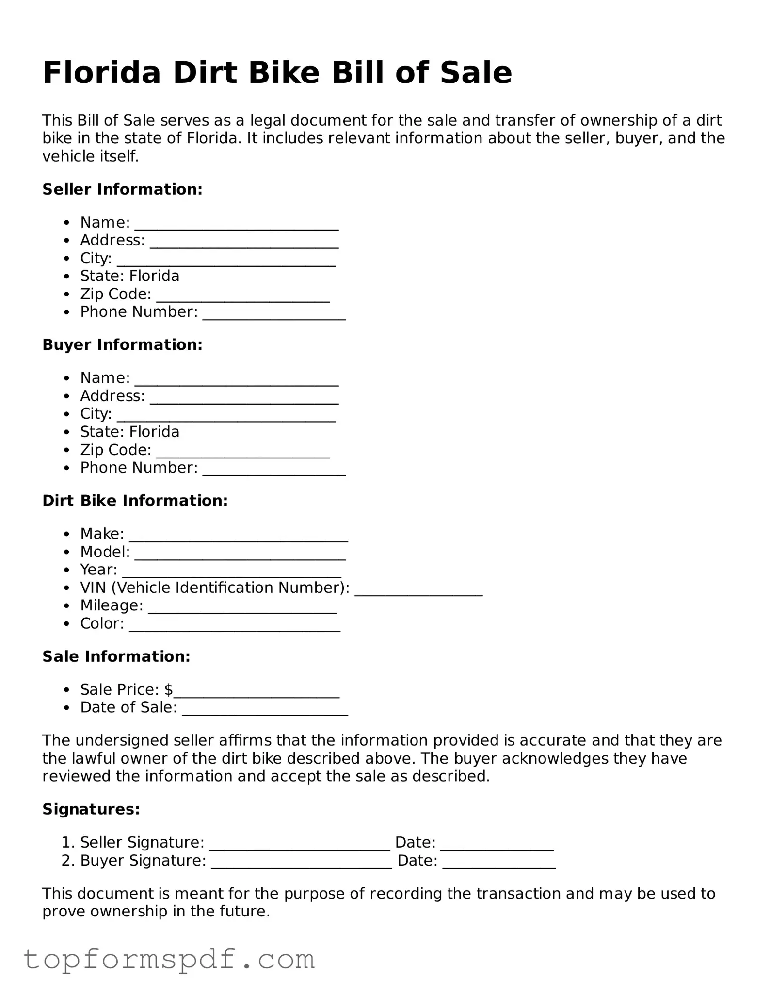 Blank Florida Dirt Bike Bill of Sale Template