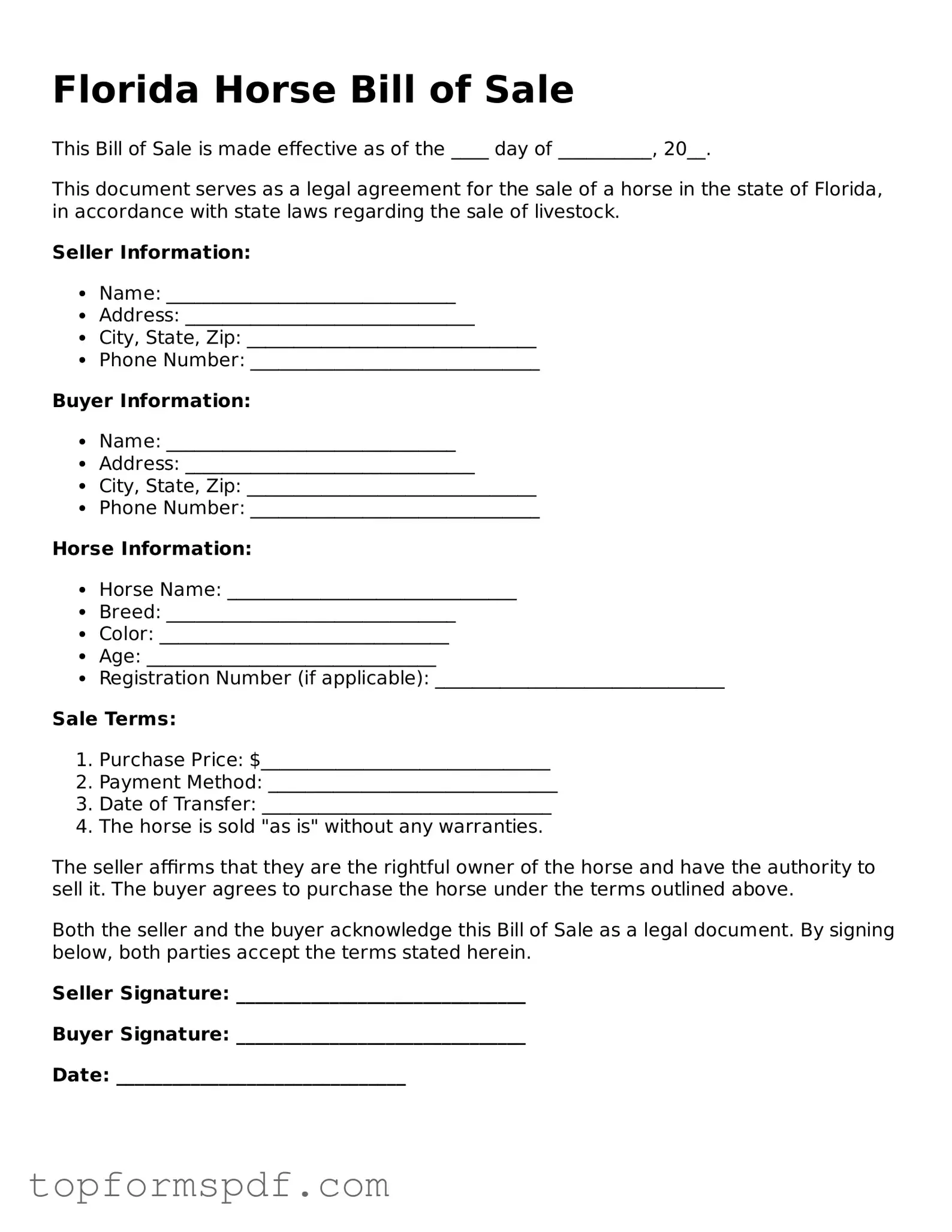Blank Florida Horse Bill of Sale Template