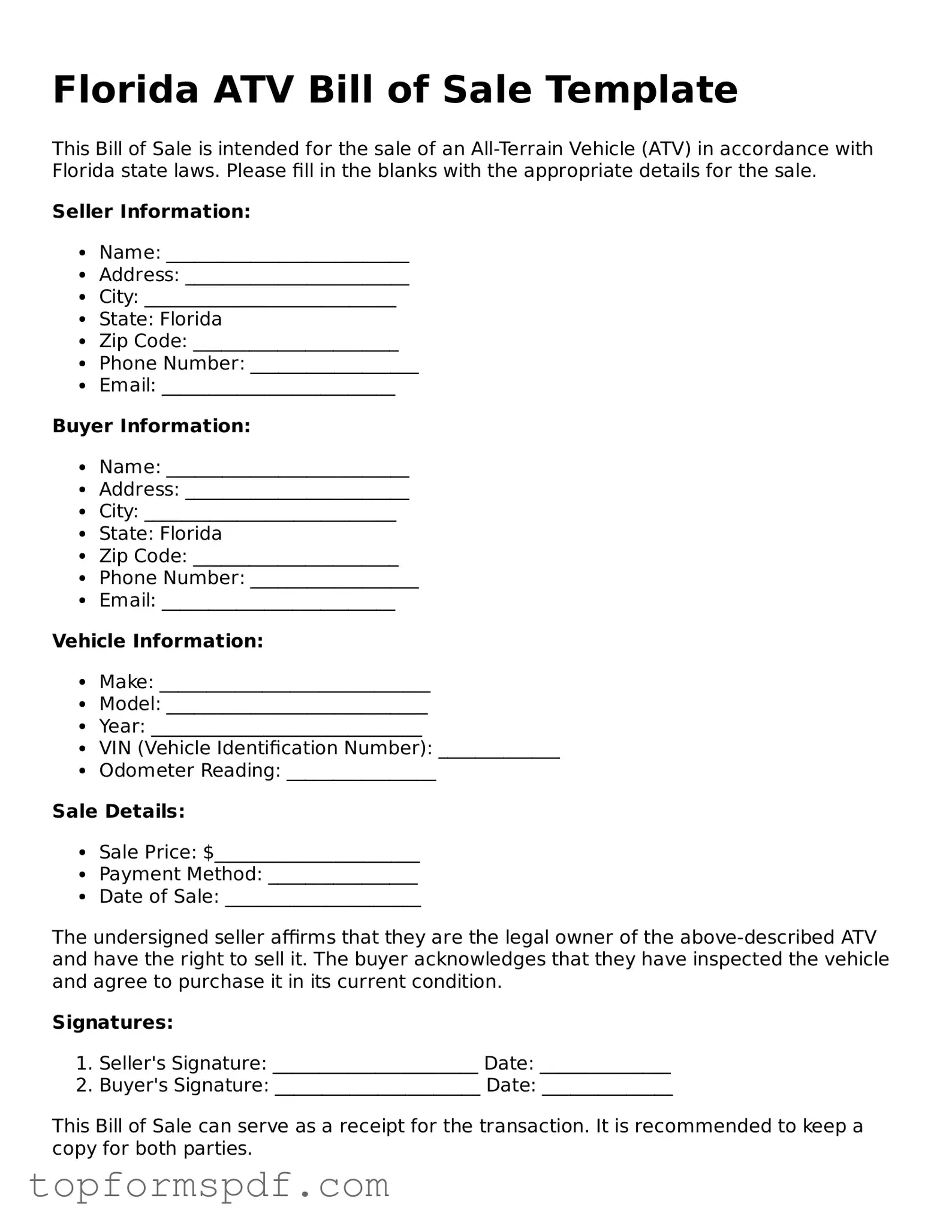 Blank Florida ATV Bill of Sale Template