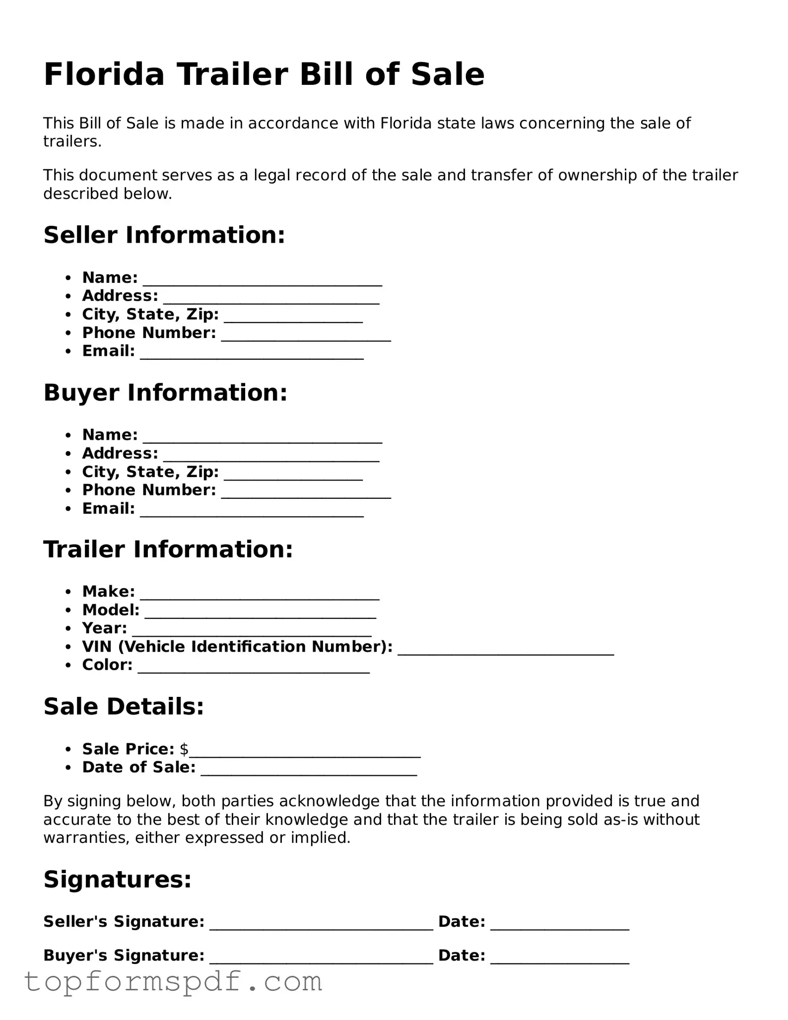 Blank Florida Trailer Bill of Sale Template