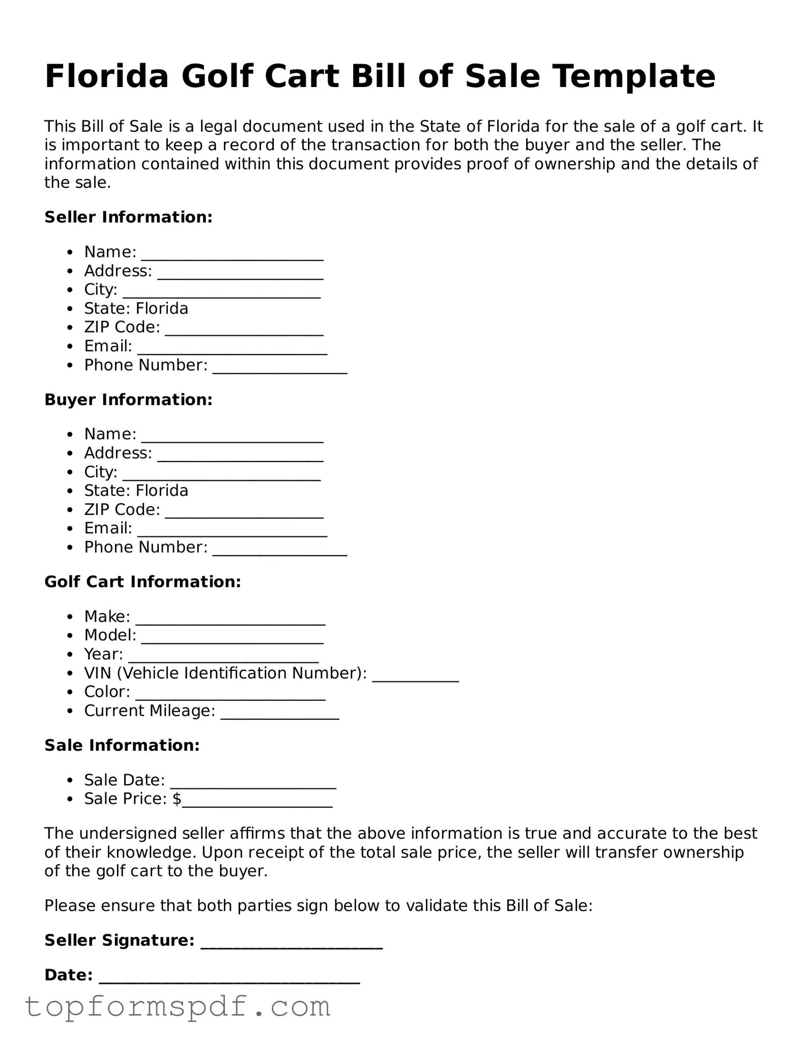 Blank Florida Golf Cart Bill of Sale Template