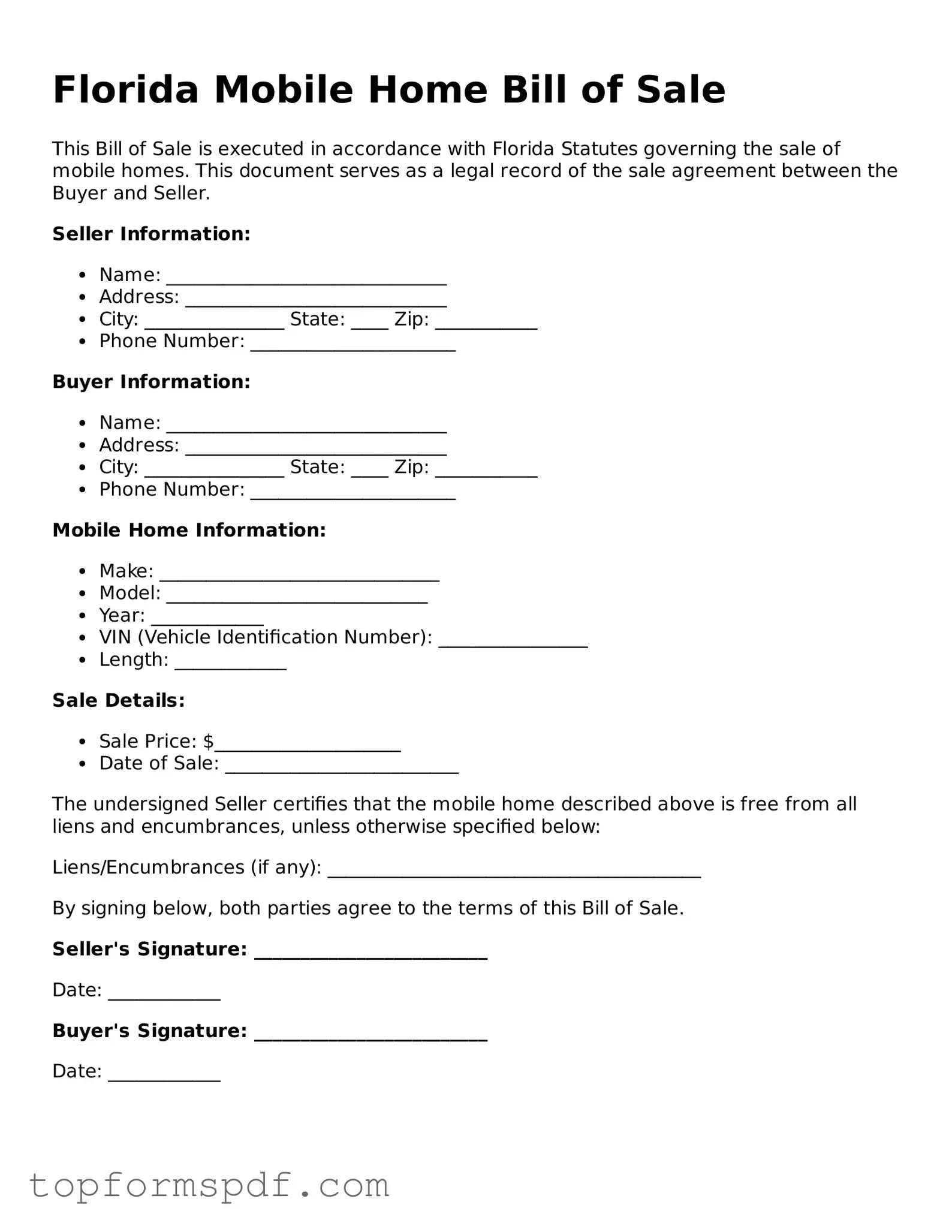 Blank Florida Mobile Home Bill of Sale Template