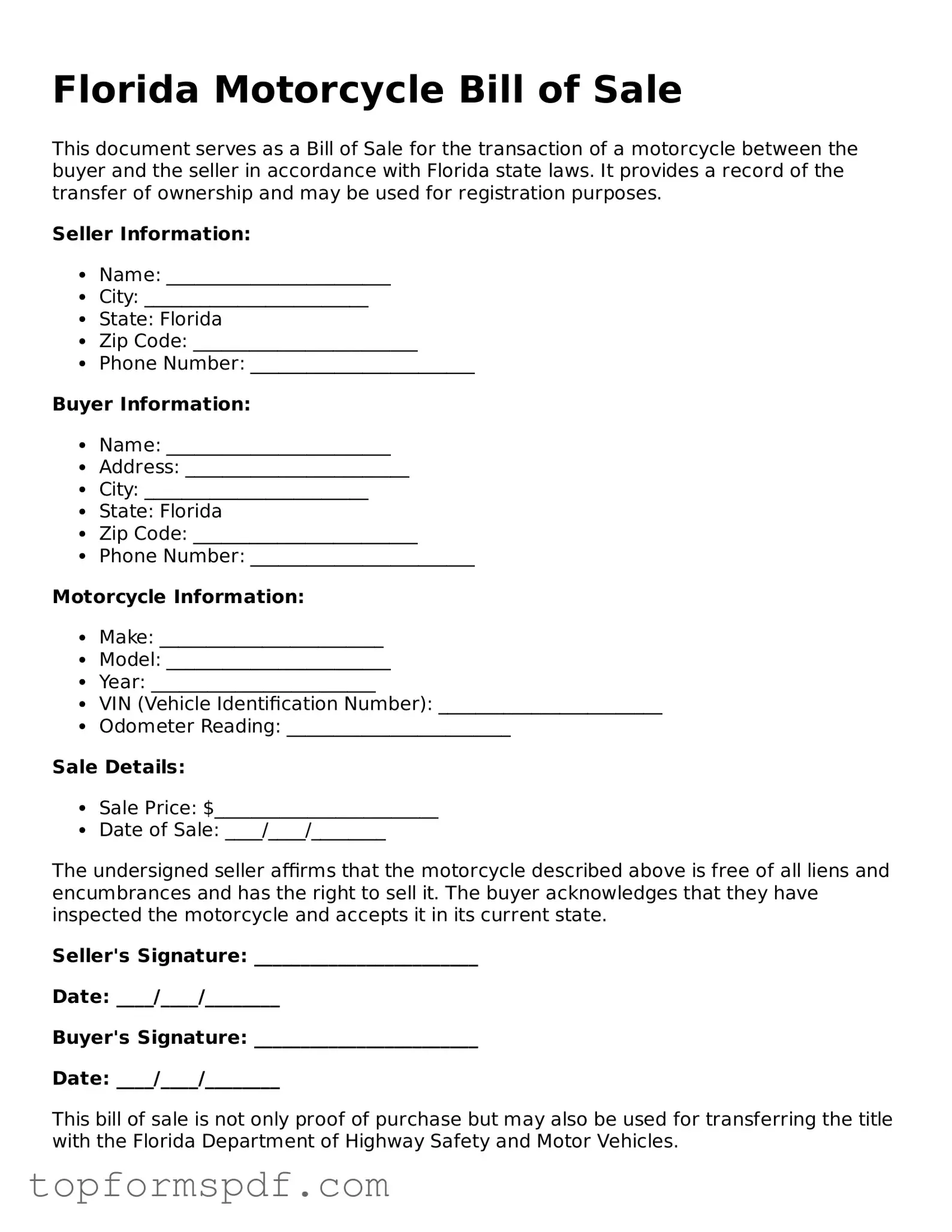 Blank Florida Motorcycle Bill of Sale Template