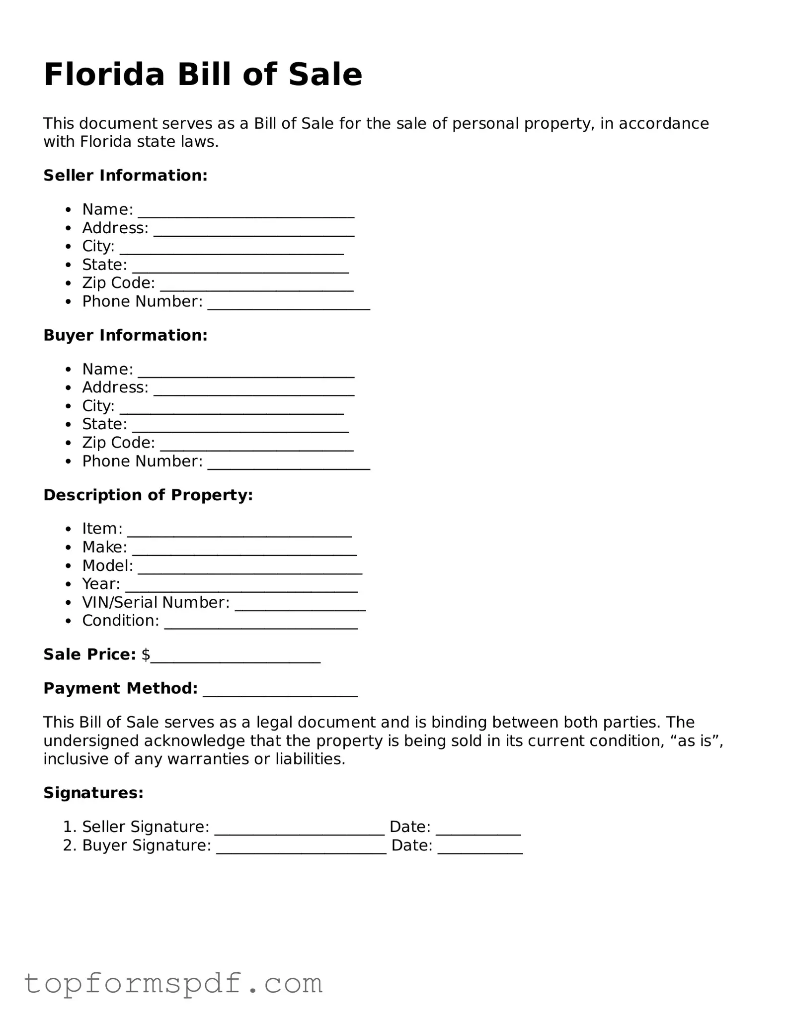 Blank Florida Bill of Sale Template