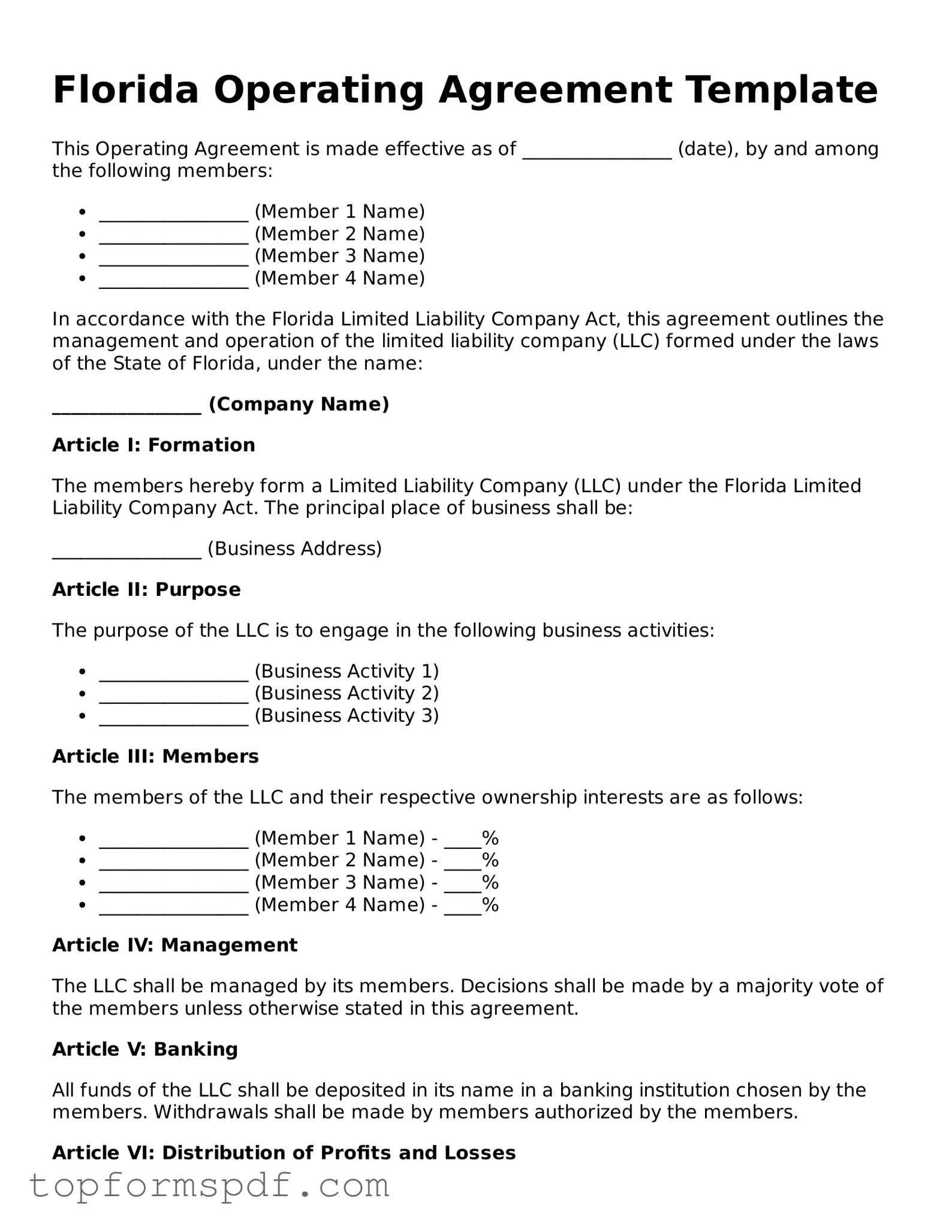 Blank Florida Operating Agreement Template