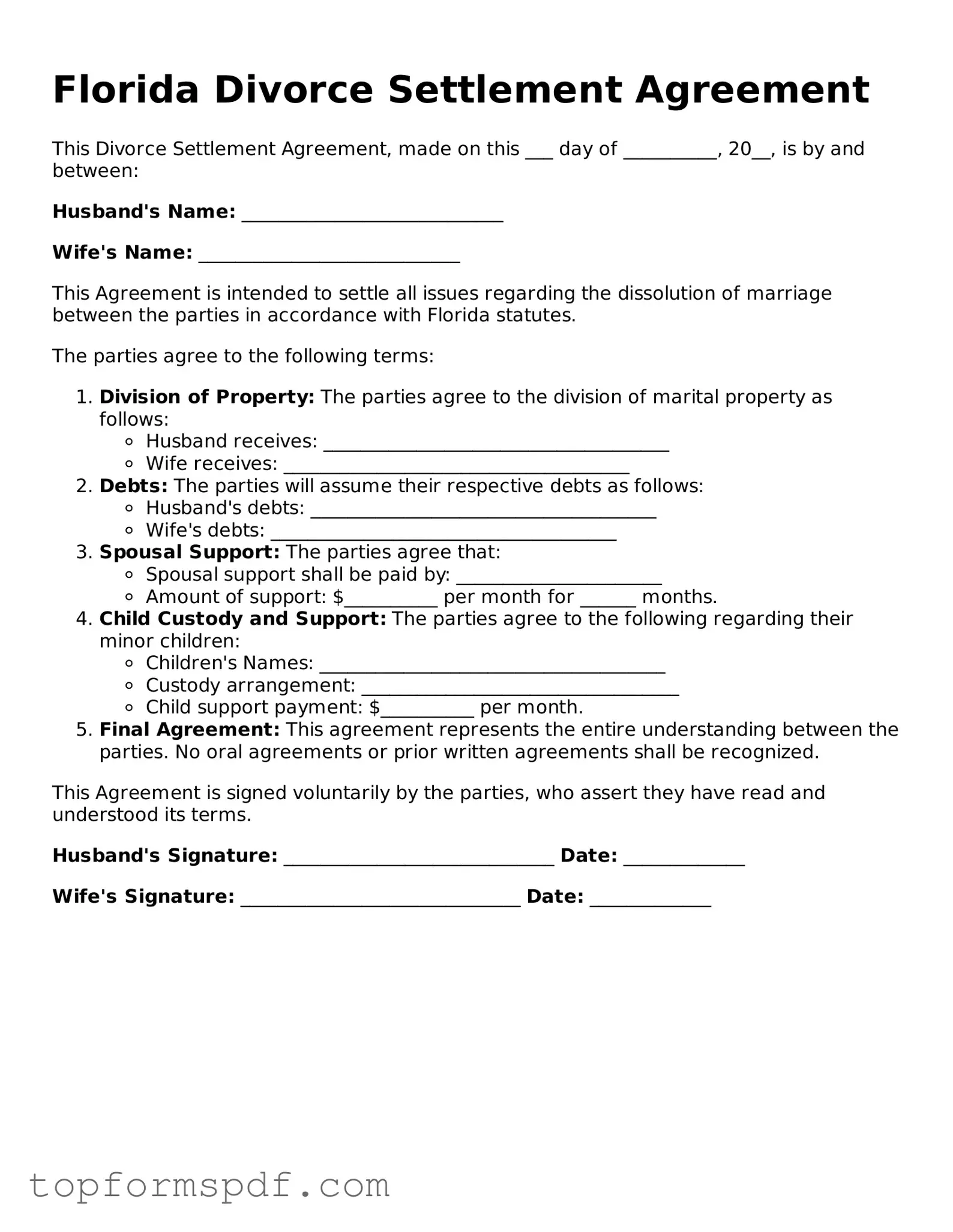 Blank Florida Divorce Settlement Agreement Template