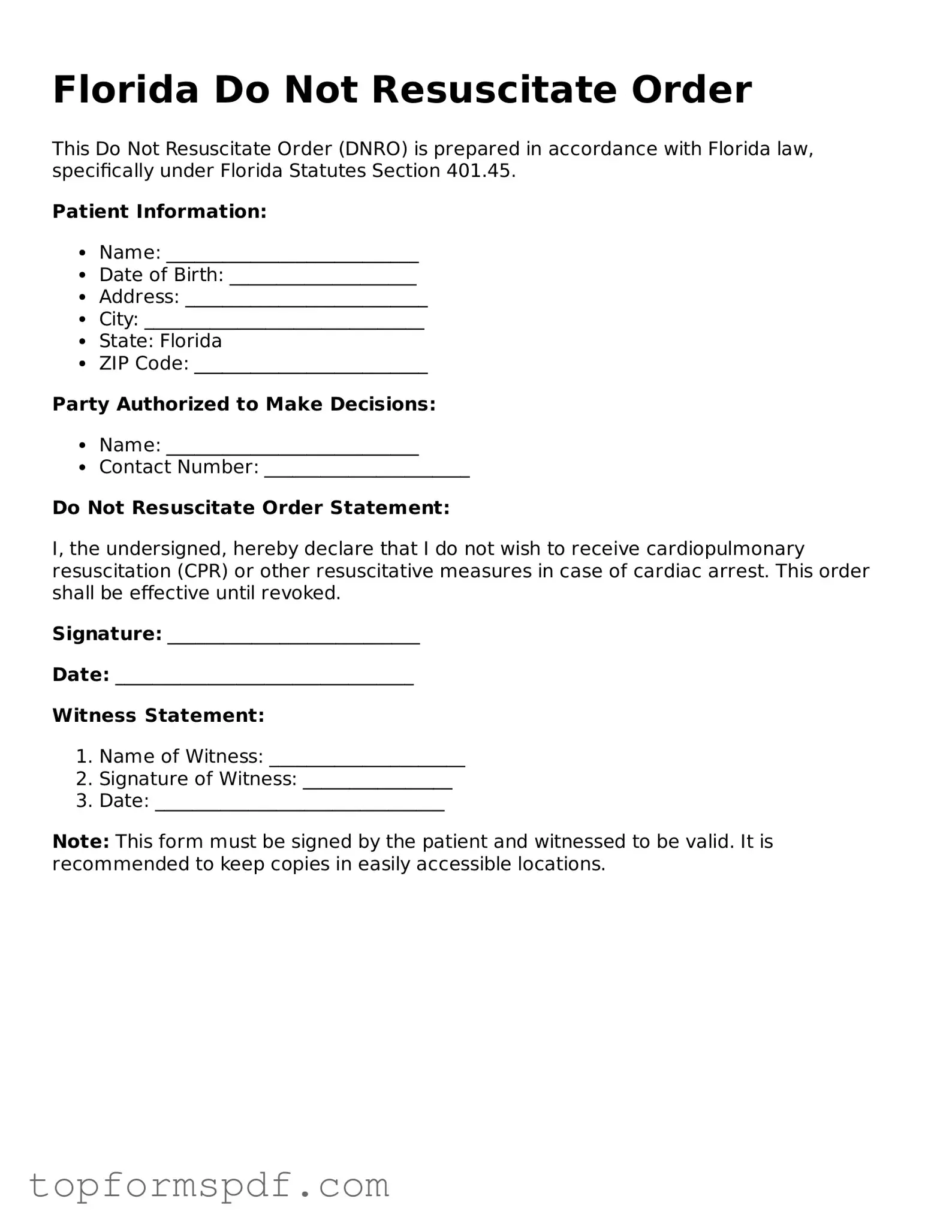 Blank Florida Do Not Resuscitate Order Template