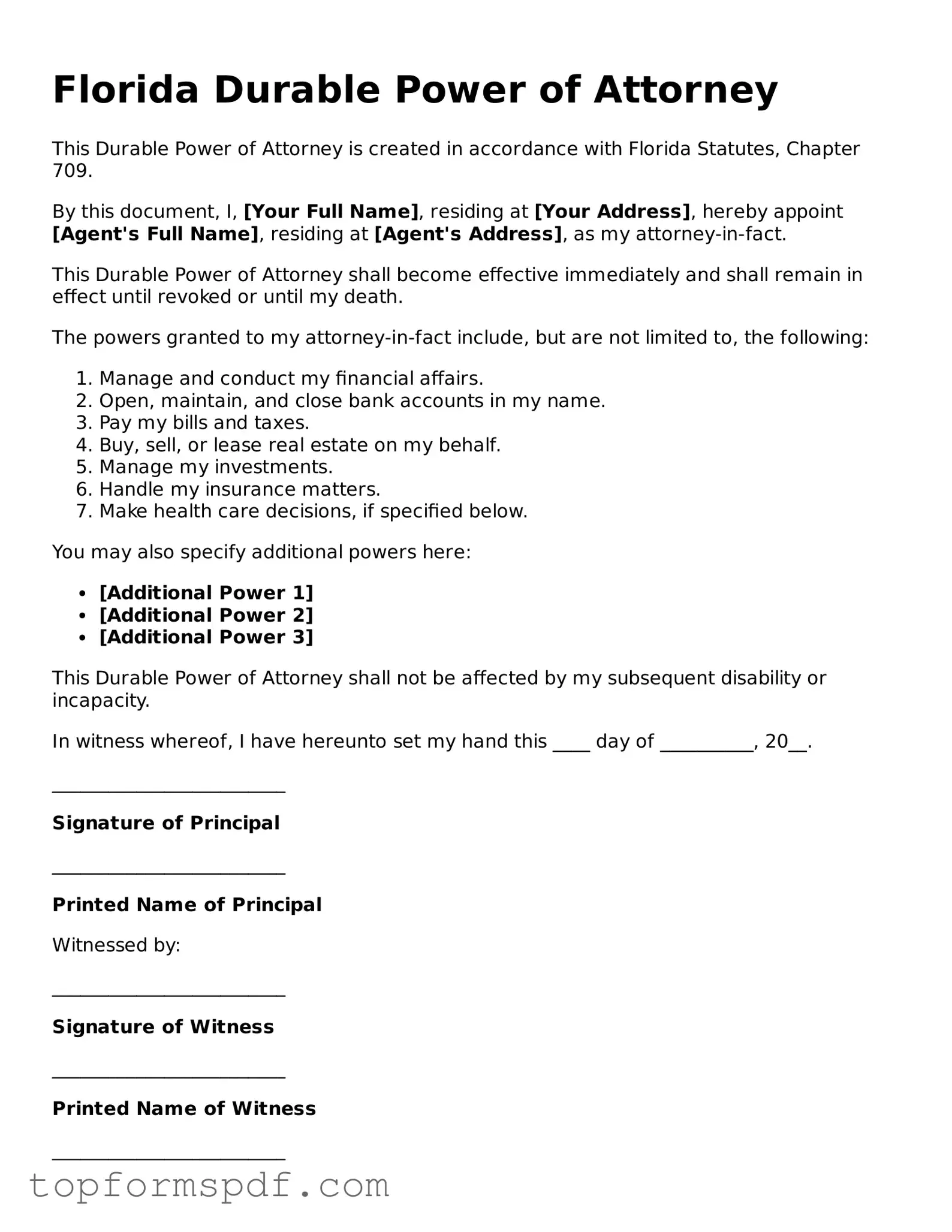 Blank Florida Durable Power of Attorney Template