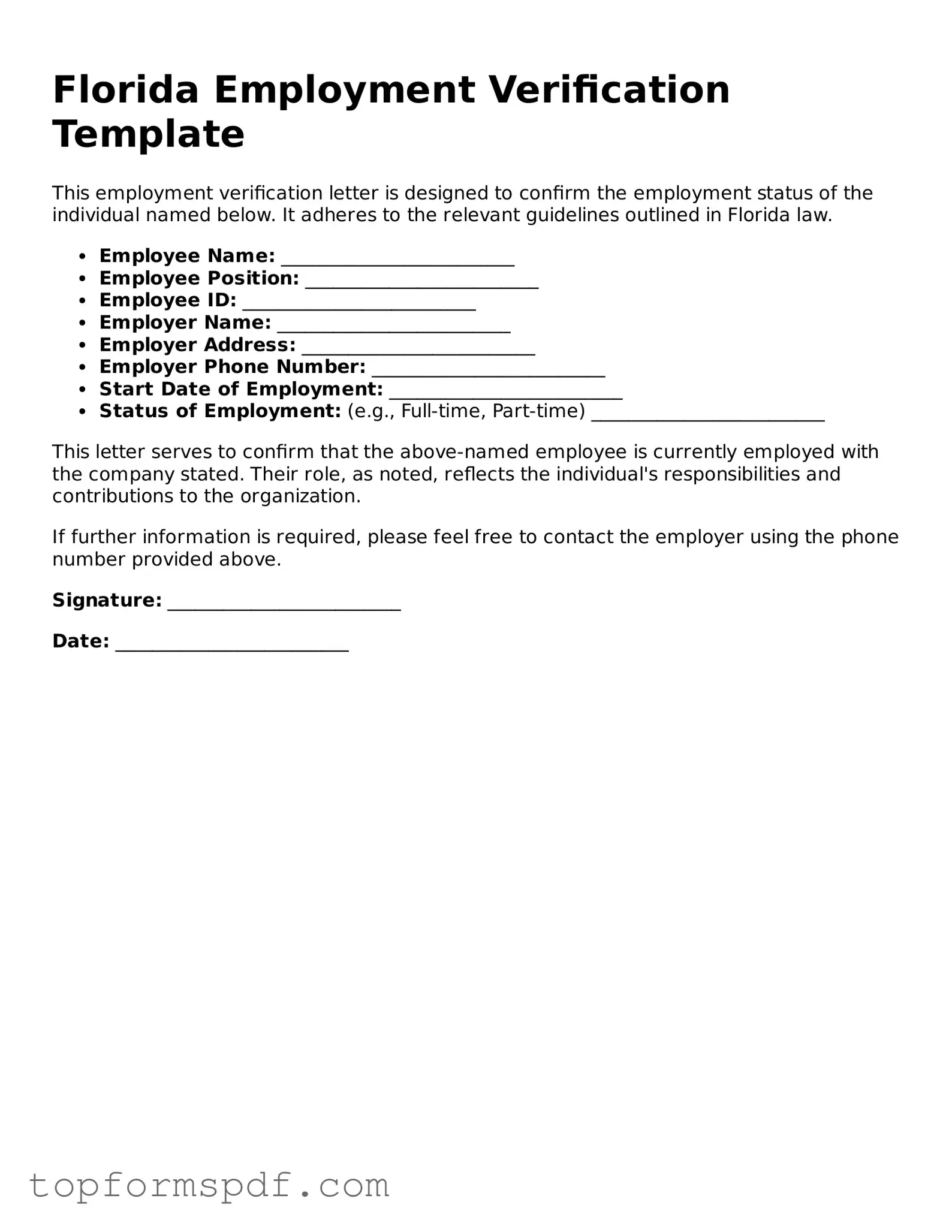 Blank Florida Employment Verification Template