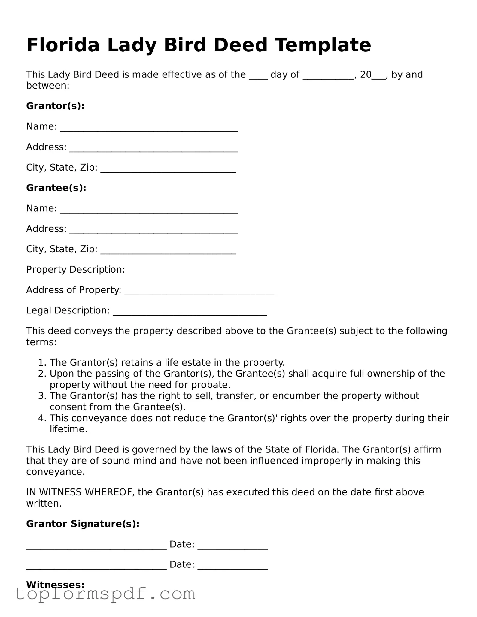 Blank Florida Lady Bird Deed Template