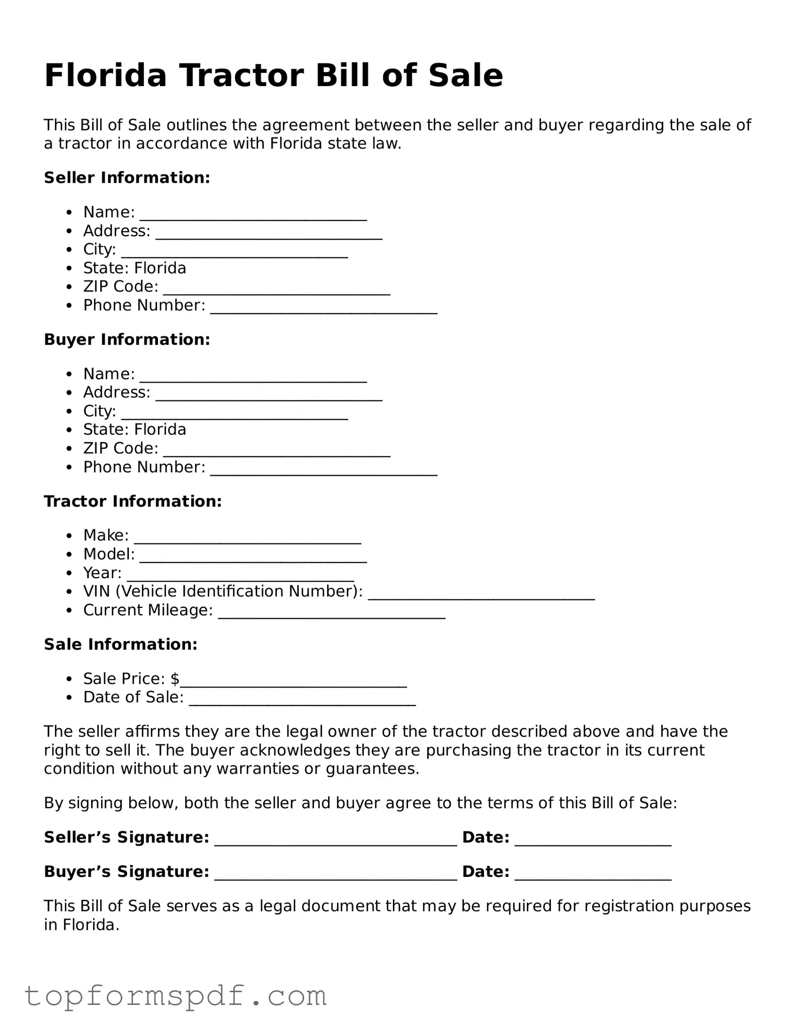Blank Florida Tractor Bill of Sale Template