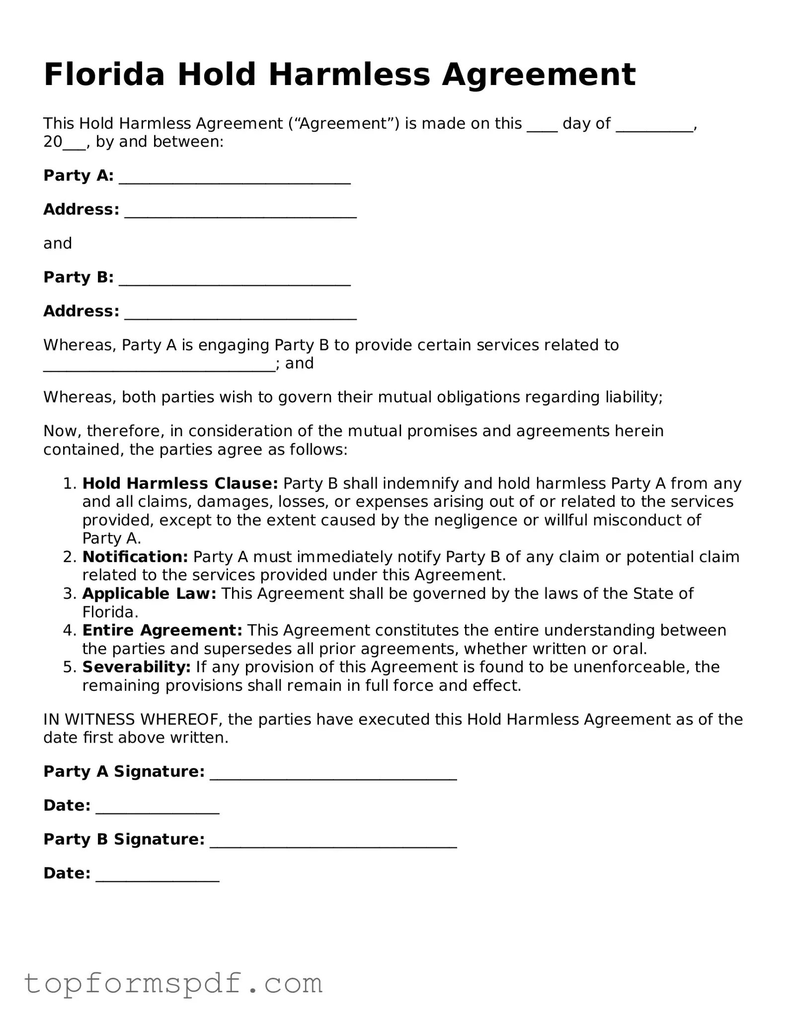 Blank Florida Hold Harmless Agreement Template