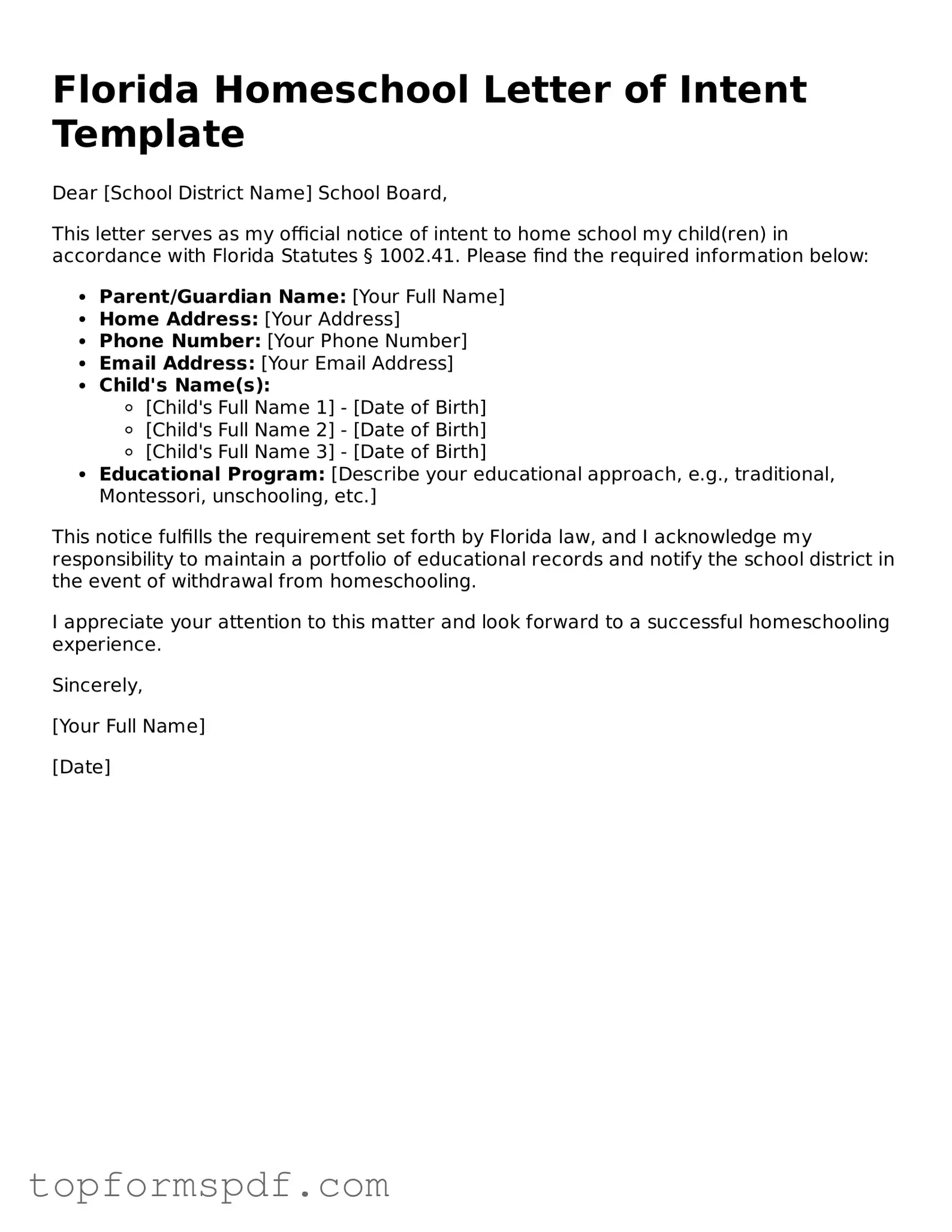 Blank Florida Homeschool Letter of Intent Template