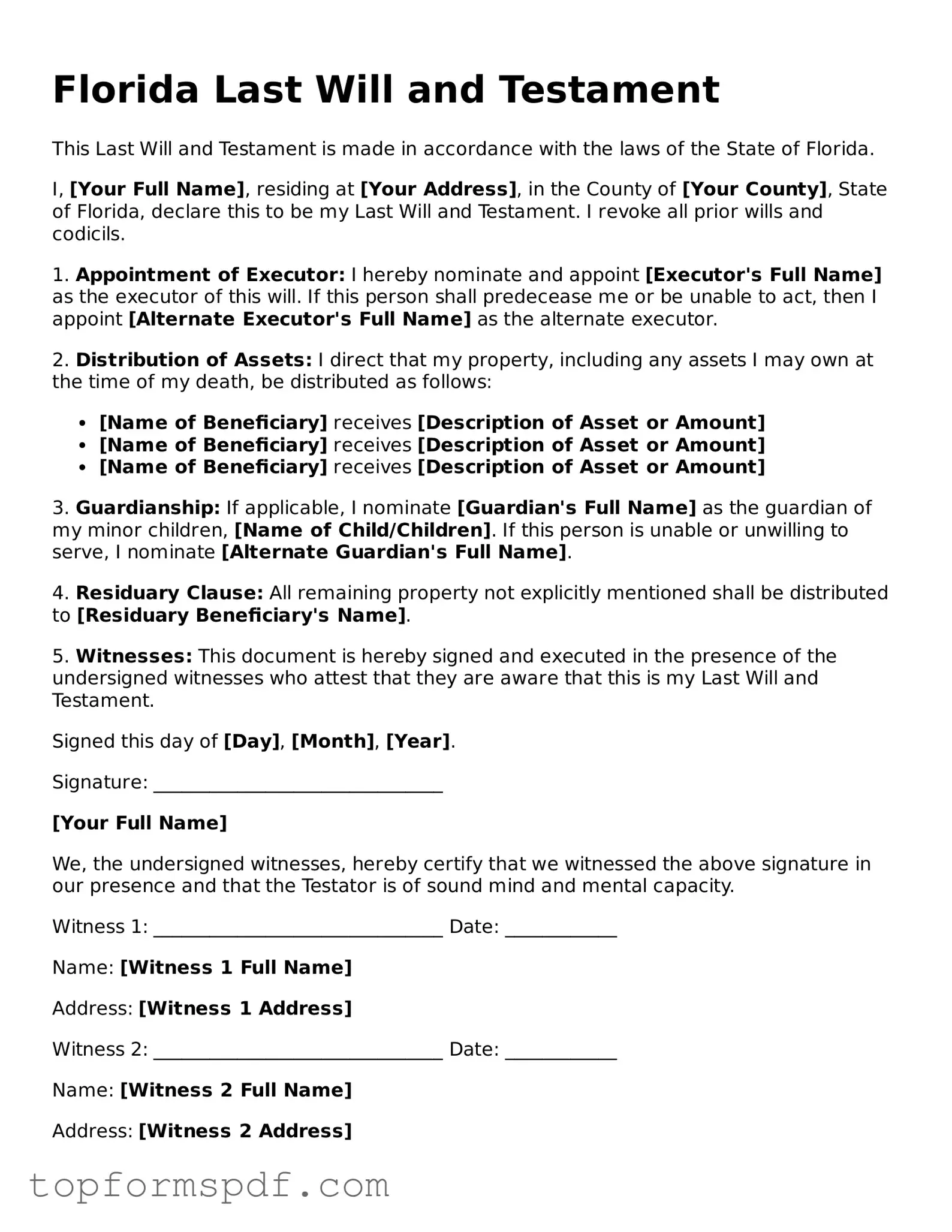 Blank Florida Last Will and Testament Template