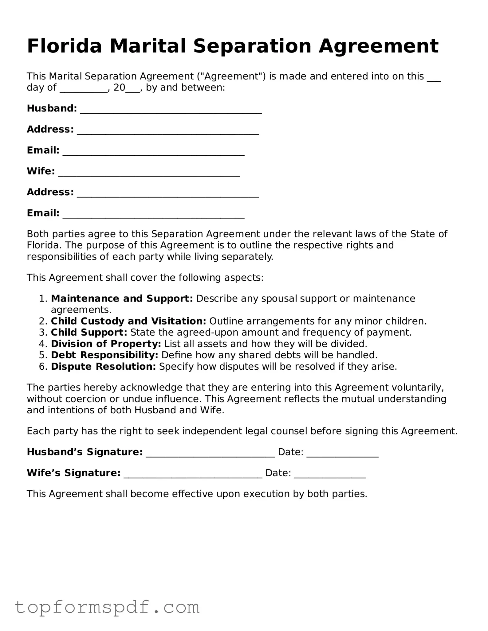 Blank Florida Marital Separation Agreement Template