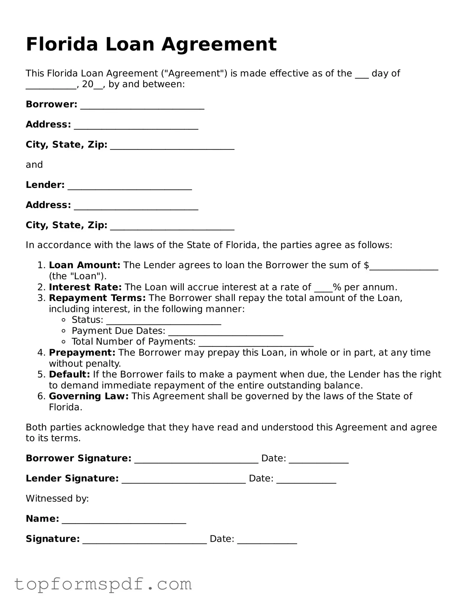 Blank Florida Loan Agreement Template