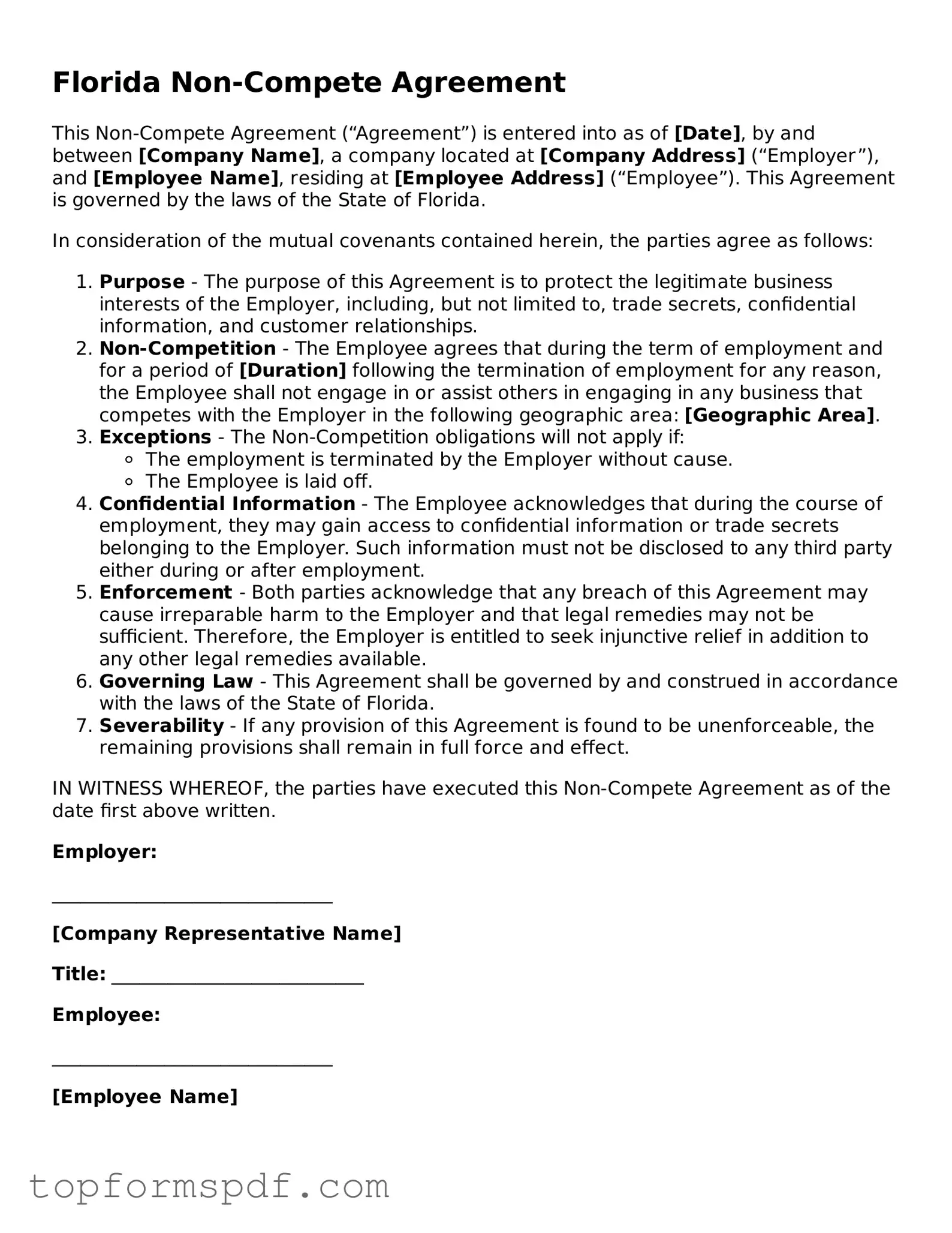 Blank Florida Non-compete Agreement Template