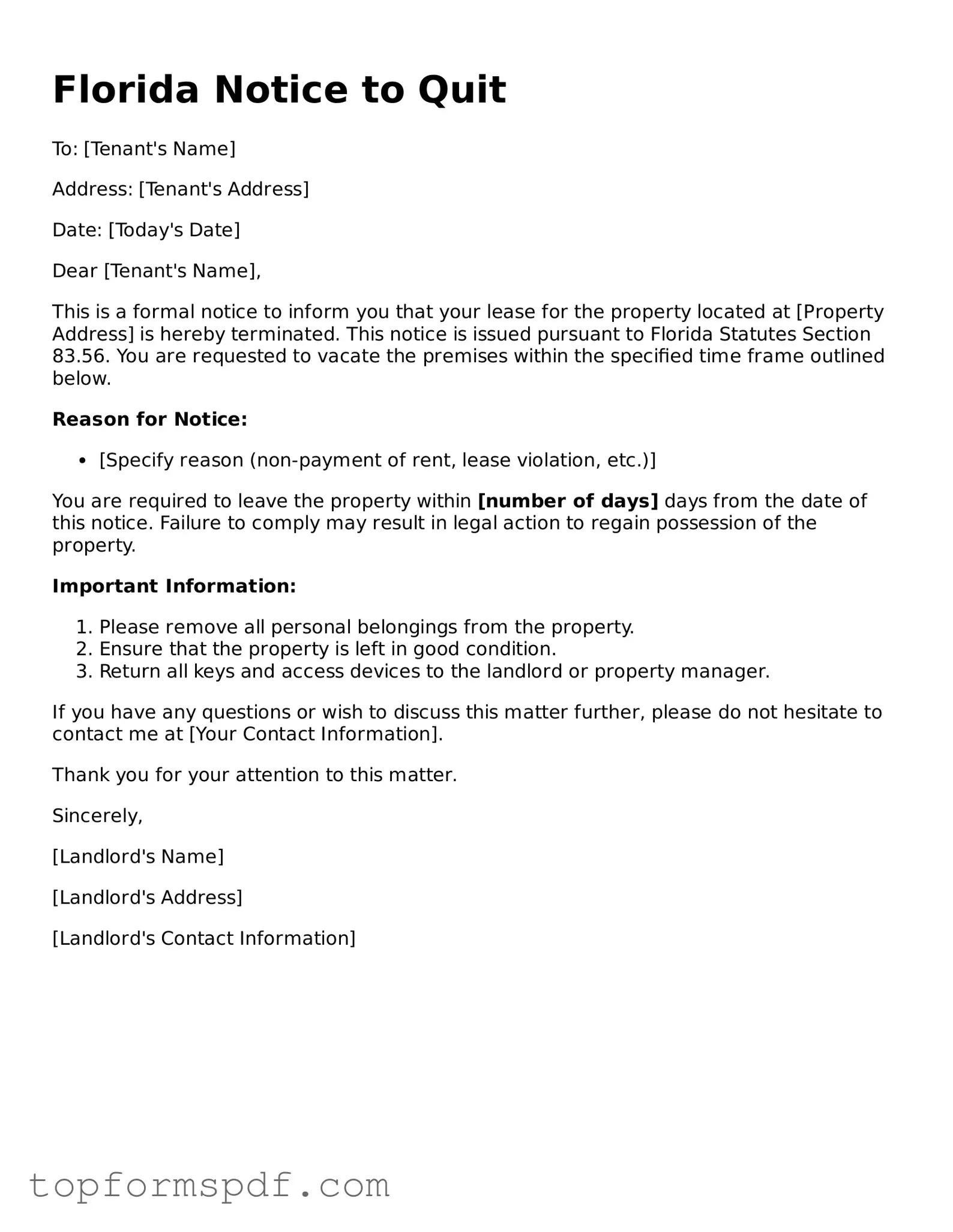 Blank Florida Notice to Quit Template