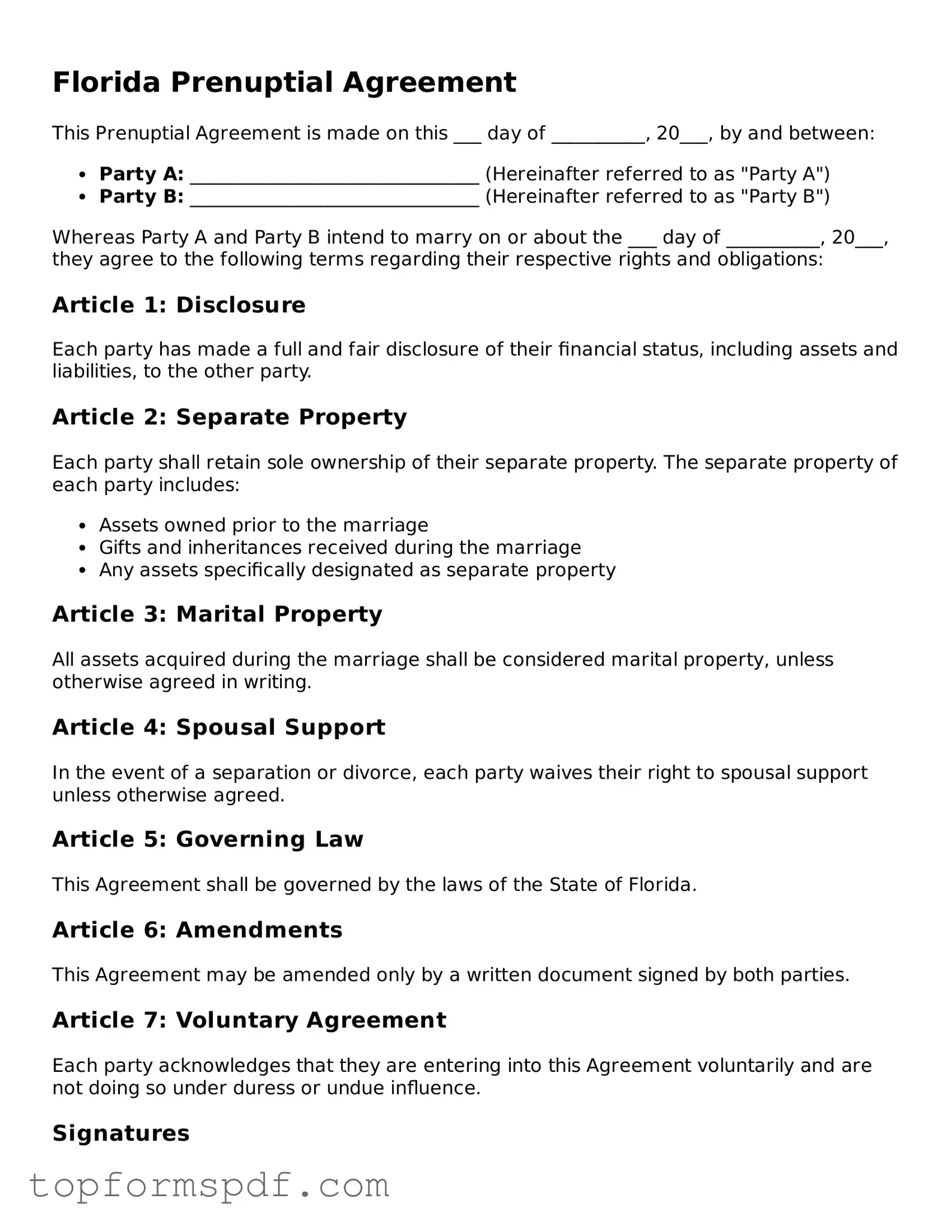 Blank Florida Prenuptial Agreement Template