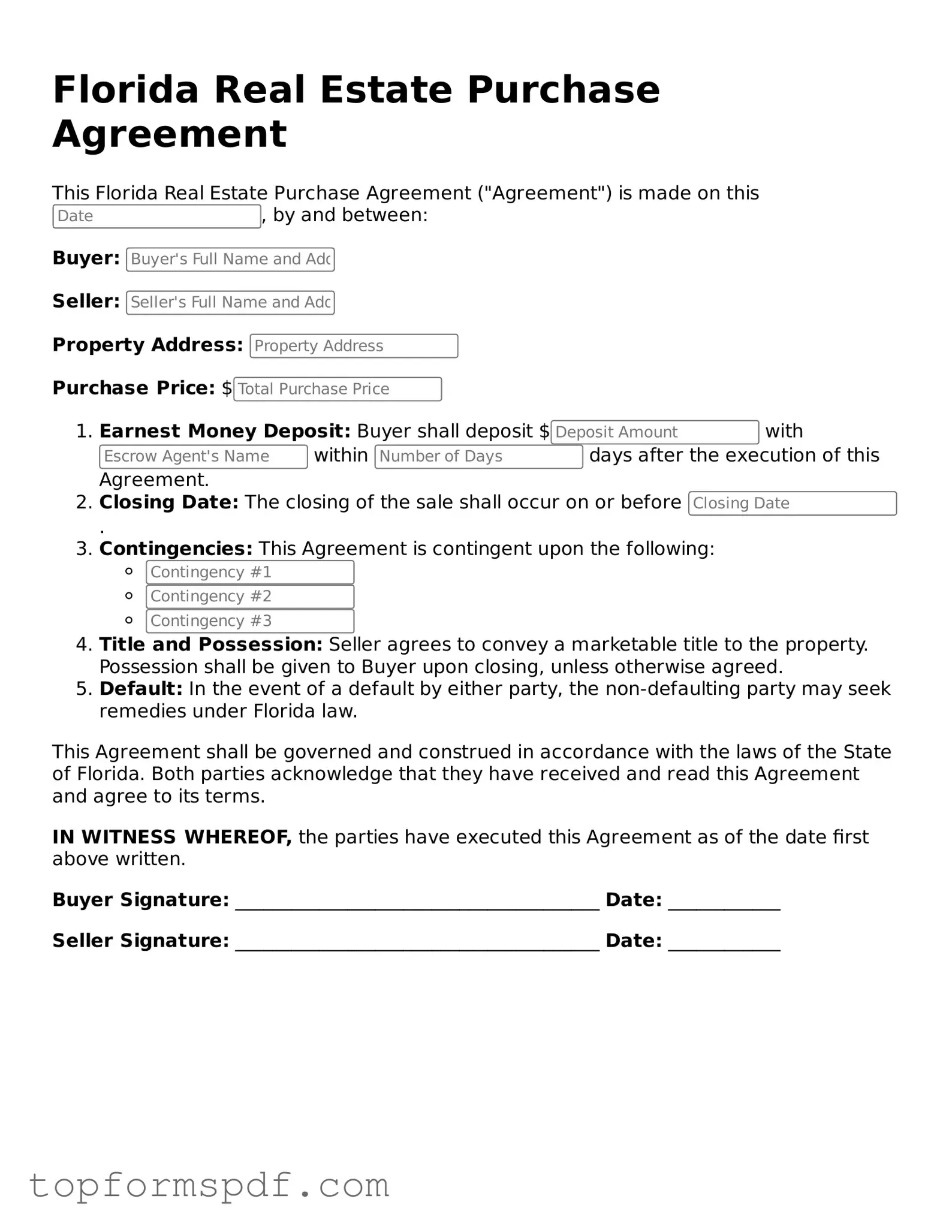 Blank Florida Real Estate Purchase Agreement Template