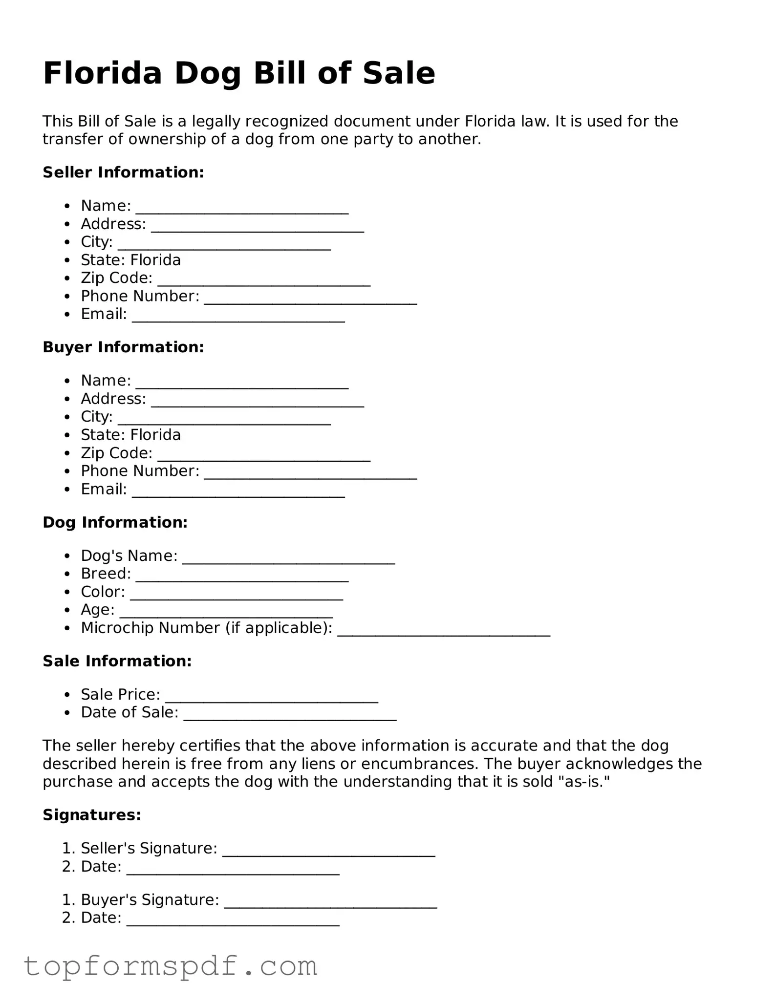 Blank Florida Dog Bill of Sale Template