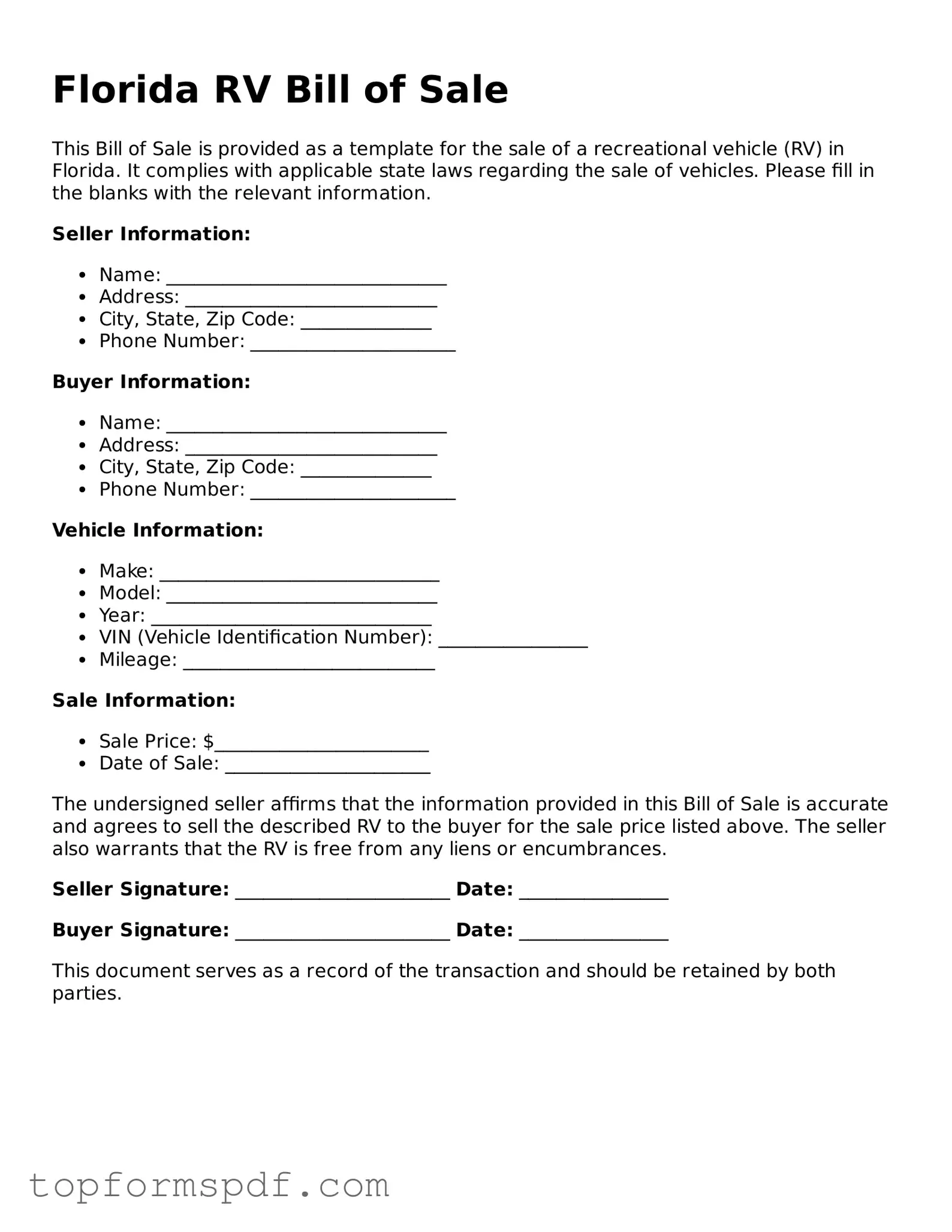 Blank Florida RV Bill of Sale Template