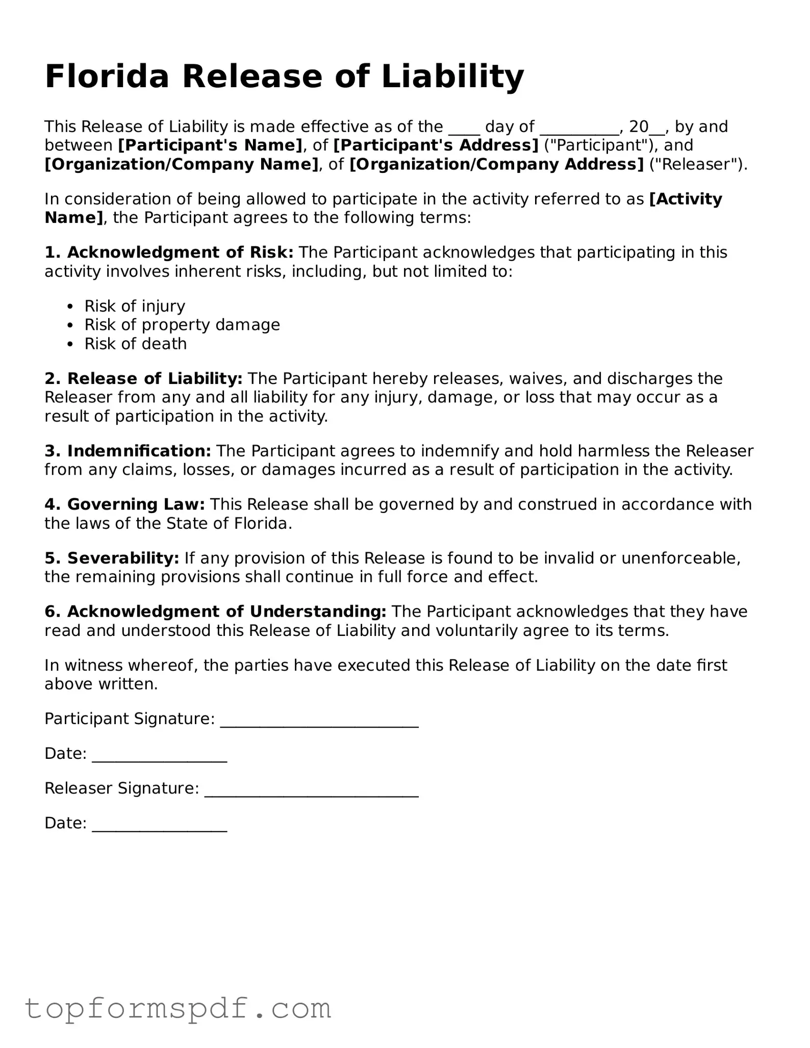 Blank Florida Release of Liability Template