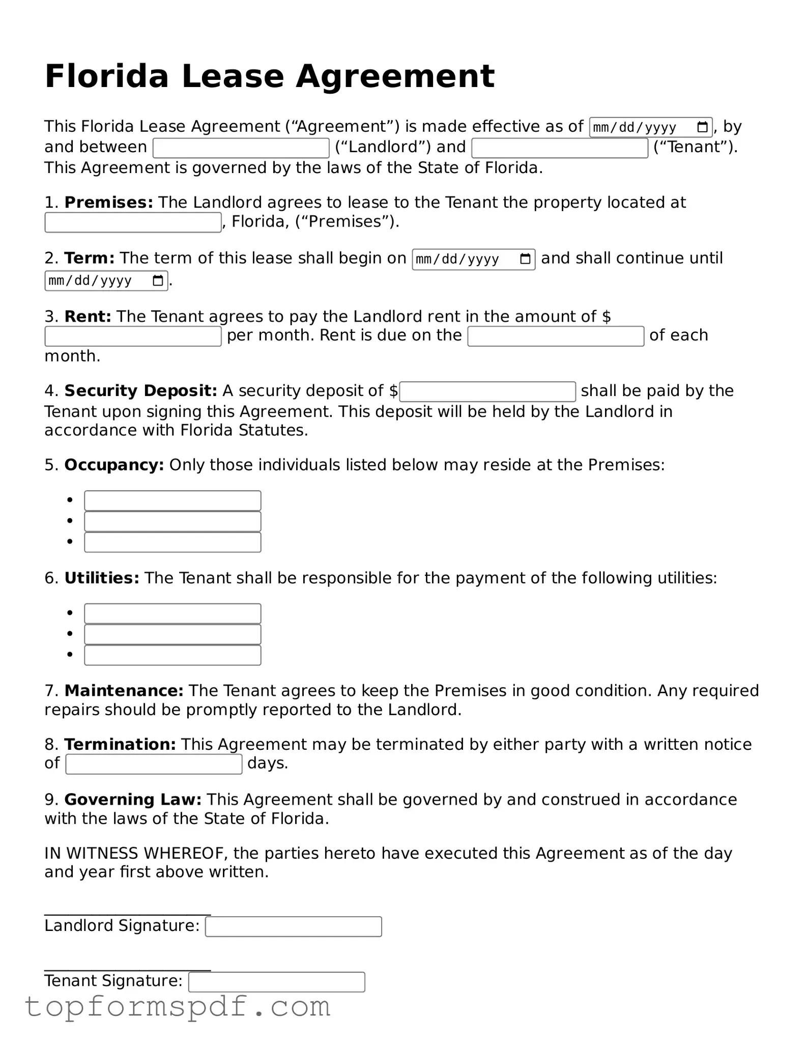 Blank Florida Lease Agreement Template