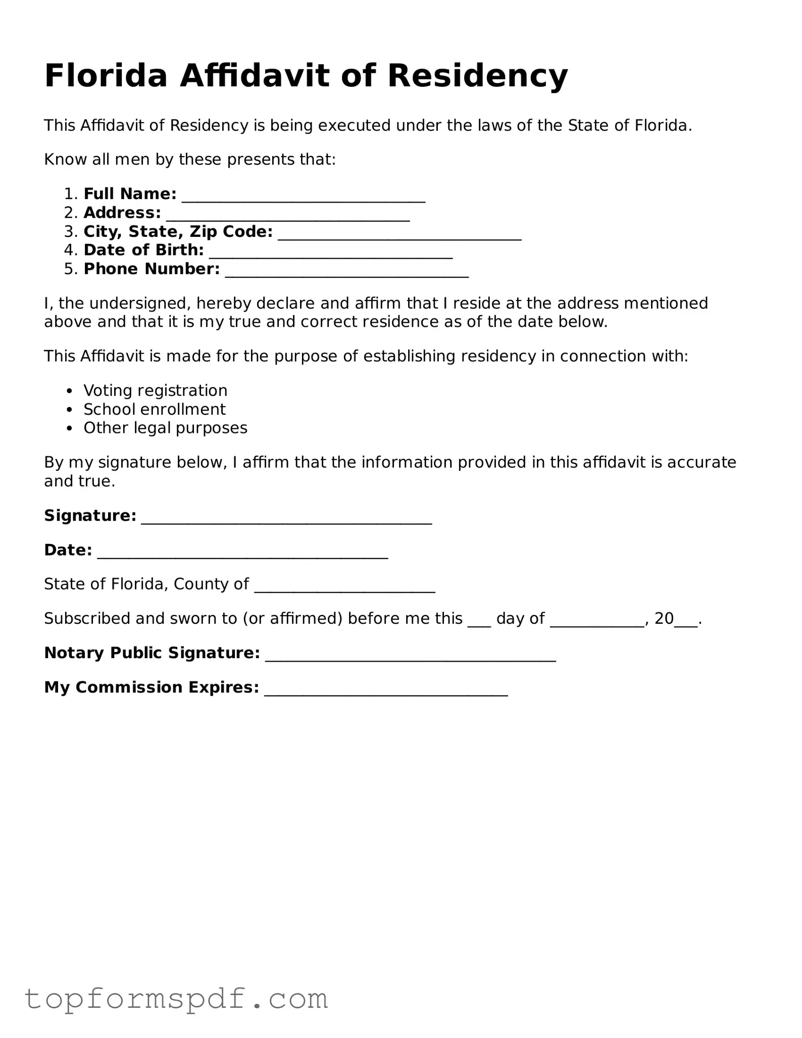 Blank Florida Affidavit of Residency Template