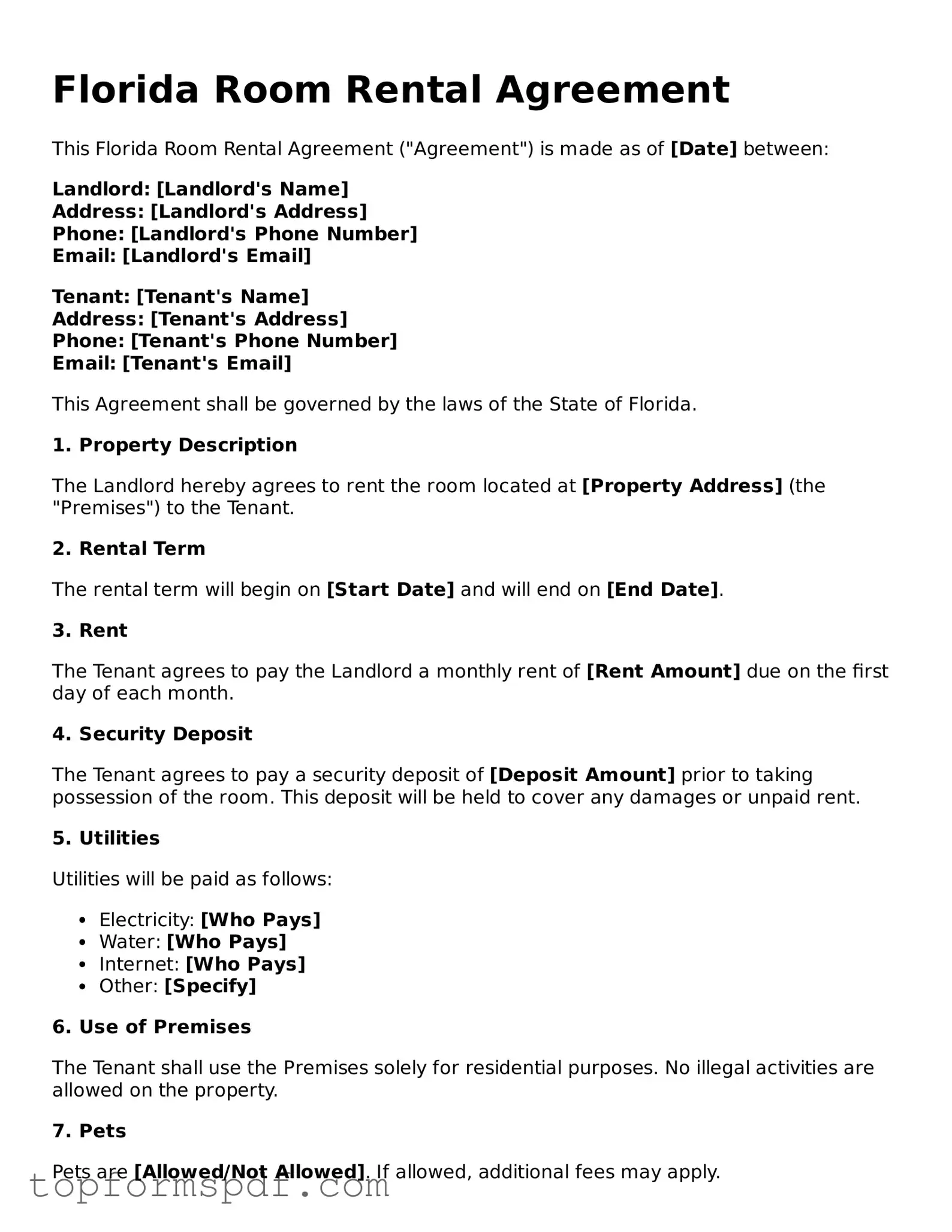 Blank Florida Room Rental Agreement Template